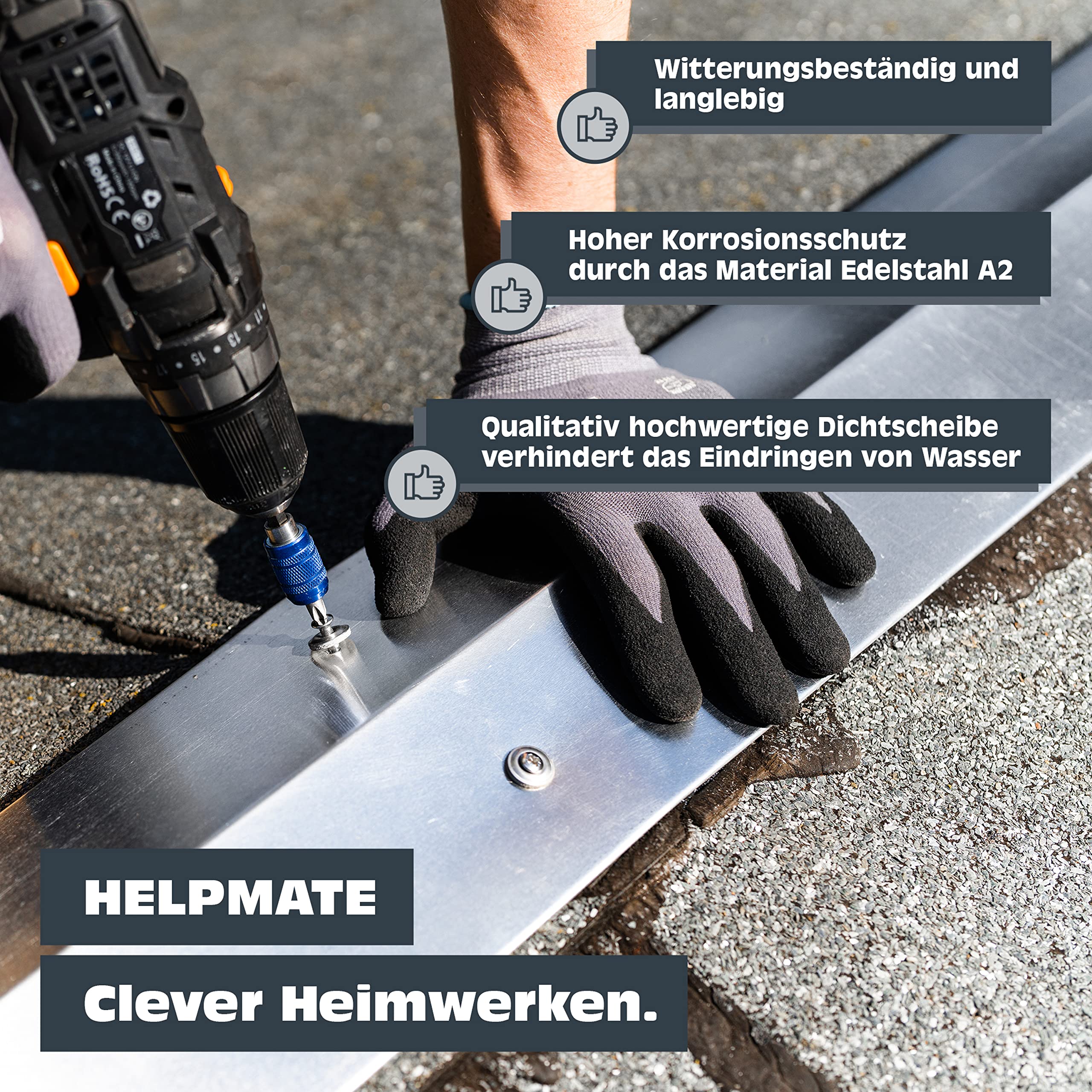 HELPMATE – Wkręty do blachy 4,5 x 25 mm – stal nierdzewna A2 – 50 sztuk | DIN 7995 – zabezpieczone przed korozją – napęd PZ2 – wkręty dachowe z łbem stożkowym, podkładką, uszczelką EPDM – srebrny