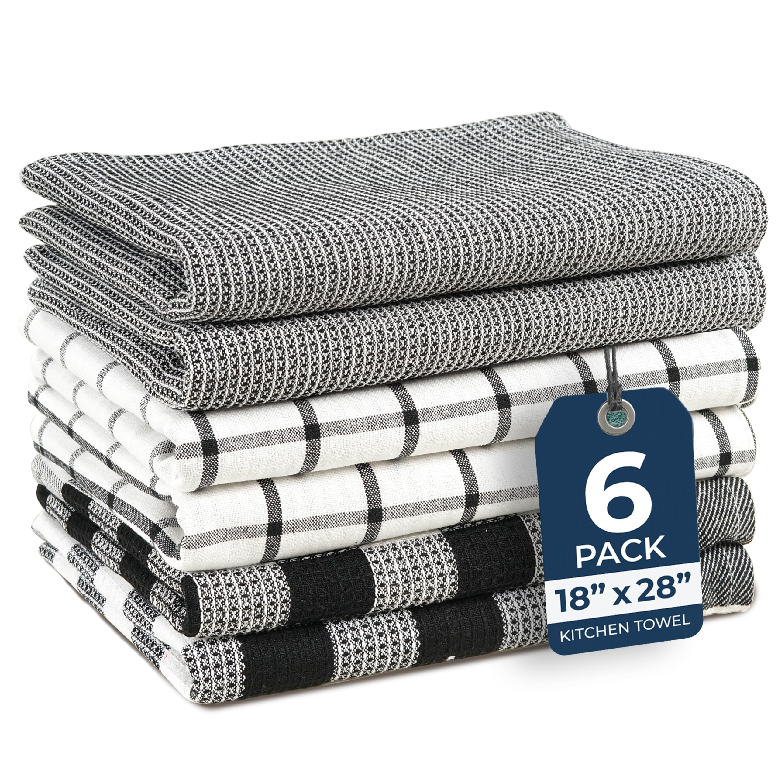 LANE LINEN Kitchen Towels Set – Pack of 6 Cotton Dish Cloths, 18”x28”, Soft & Quick-Drying Tea Towels for Cleaning – Black