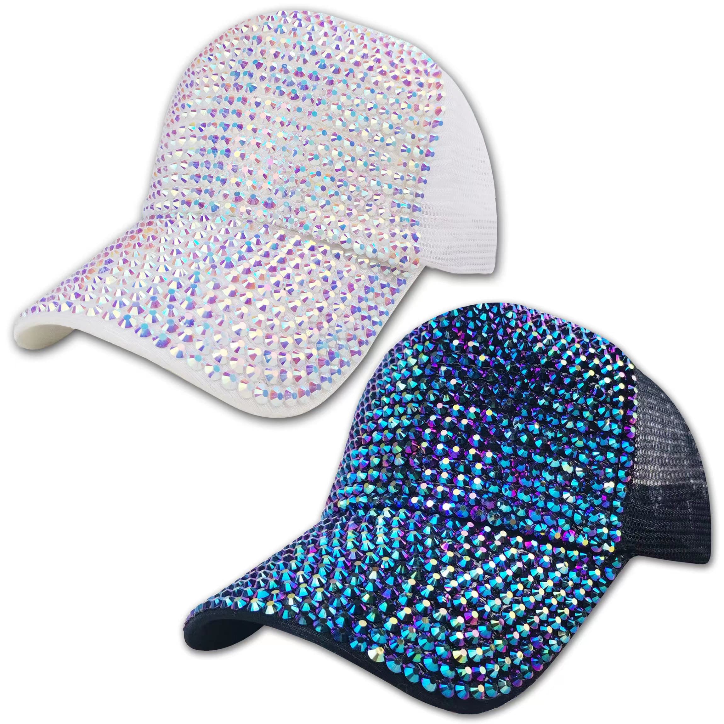 2 Pack Rhinestone Baseball Caps Women Diamond Bling Glitter Sun Hat Men Sparkle Studded Visor Cap Party Purple,Pink
