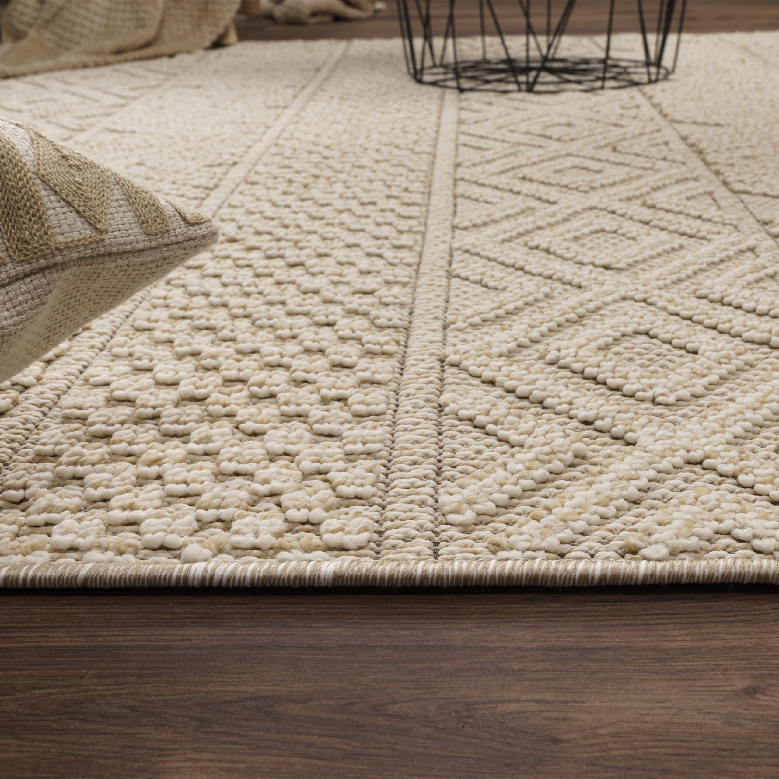 Paco Home Teppich Wohnzimmer Schlafzimmer Kurzflor Skandinavisches Boho Muster Geometrische Optik Einfarbig Moderne Deko, Grösse:160x220 cm, Farbe:Creme