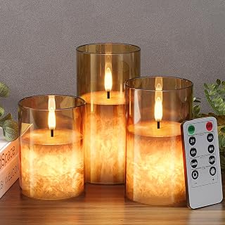 VIODAIM Gold Ice Crystal Flameless LED Candles with Remote & Timer - Realistic Wax Glass, Battery Flickering 3-Pack D3xH4/5/6" for Weddings & Home Decor