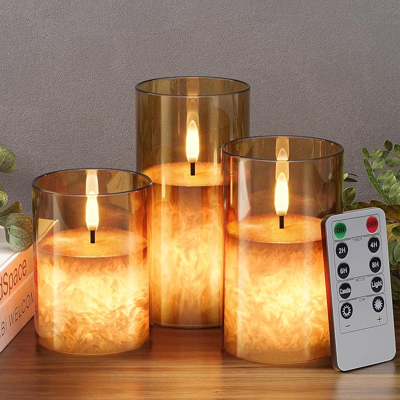Battery Operated Flameless Candles with Remote & Timer, Gold Glass 3Pack