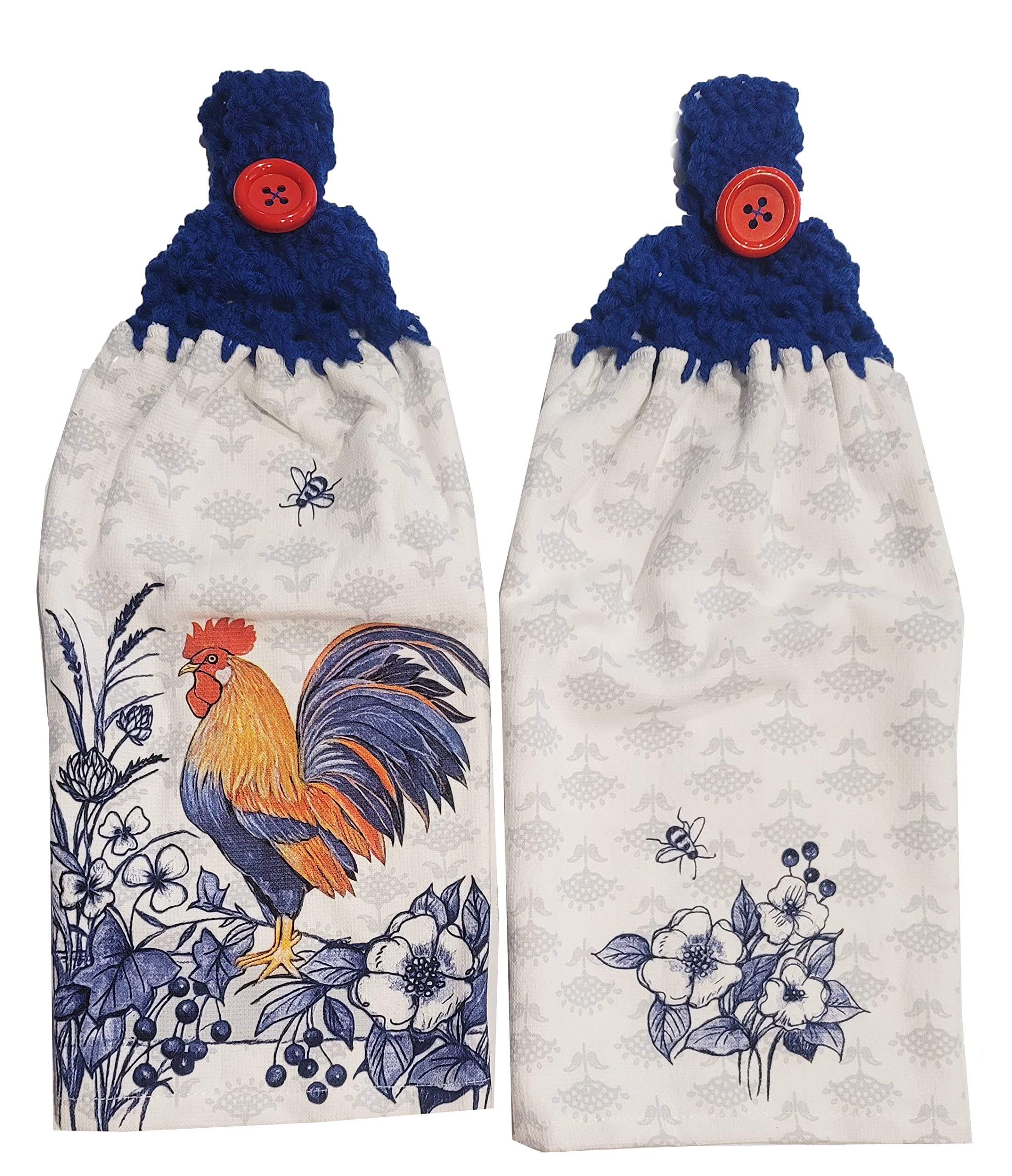 Handcrafted Blue Crochet Topped Blue Morning Rooster Kitchen Towel Pair