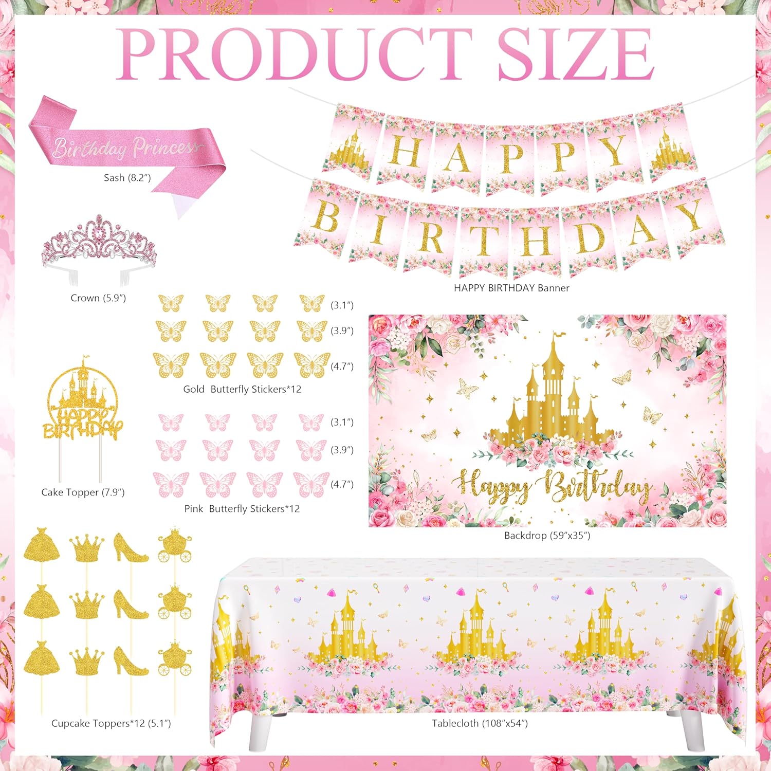 Princess Birthday Party Decorations, Pastel Floral Castle Party Supplies with Pink & Gold Balloon Arch Tulle Curtain Backdrop Banner Sash Crown Tablecloth Cake Topper for Girls Princess Party Decor