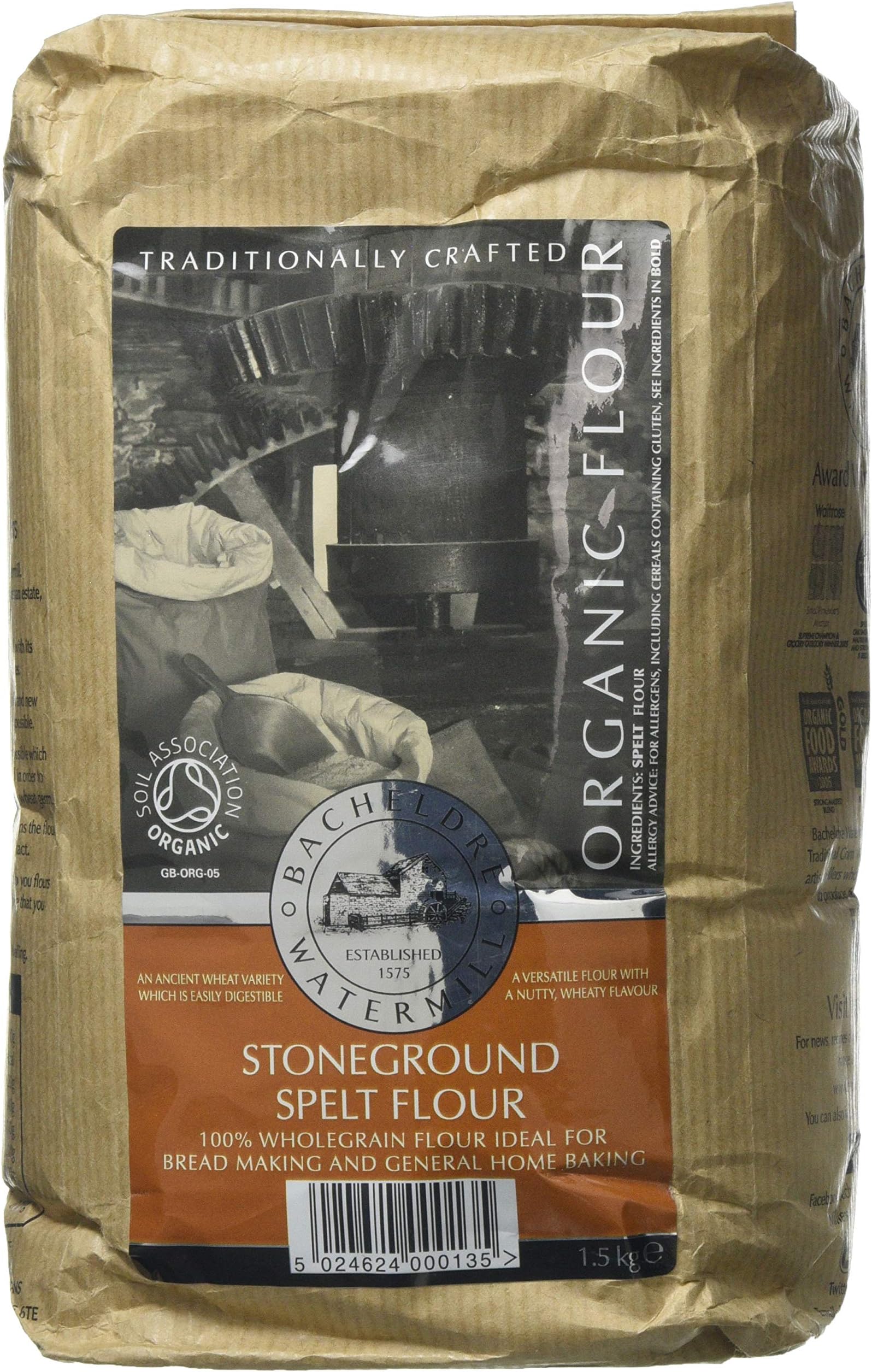Bacheldre Watermill Organic Stoneground Wholegrain Spelt Flour 1.5 kg (Pack of 5)Soil AssociationSoil AssociationSoil Association