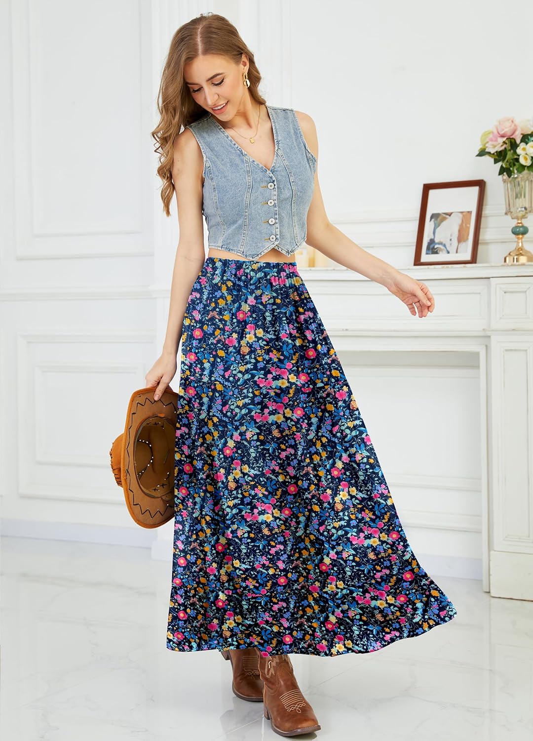 Womens Ruffle Maxi Skirts:Elastic High-Waist Pleated Long Skirt Summer Thick Chiffon Multi-Layer Skirts
