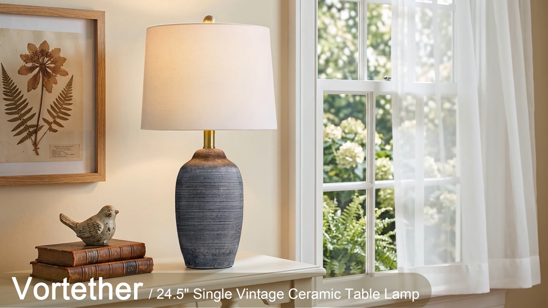 Image of 24.5 inch Ceramic Rustic Lamp for Living Room with Pre-Attached Shade | Single Gray Bedside Lamps, Hand-Textured Farmhouse Vintage Table Lamps for Bedroom Nightstands, End Table Home Decor,5FT Cord