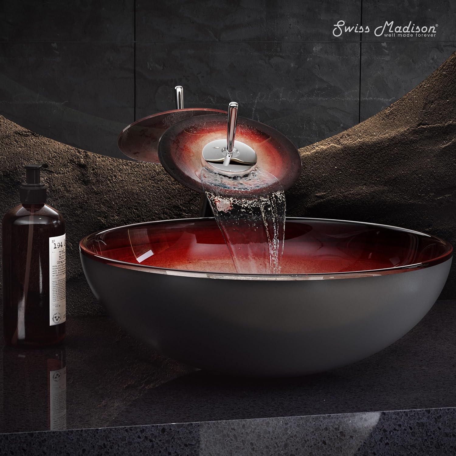 Cascade 16.5" Glass Vessel Sink with Faucet in Ember Red
