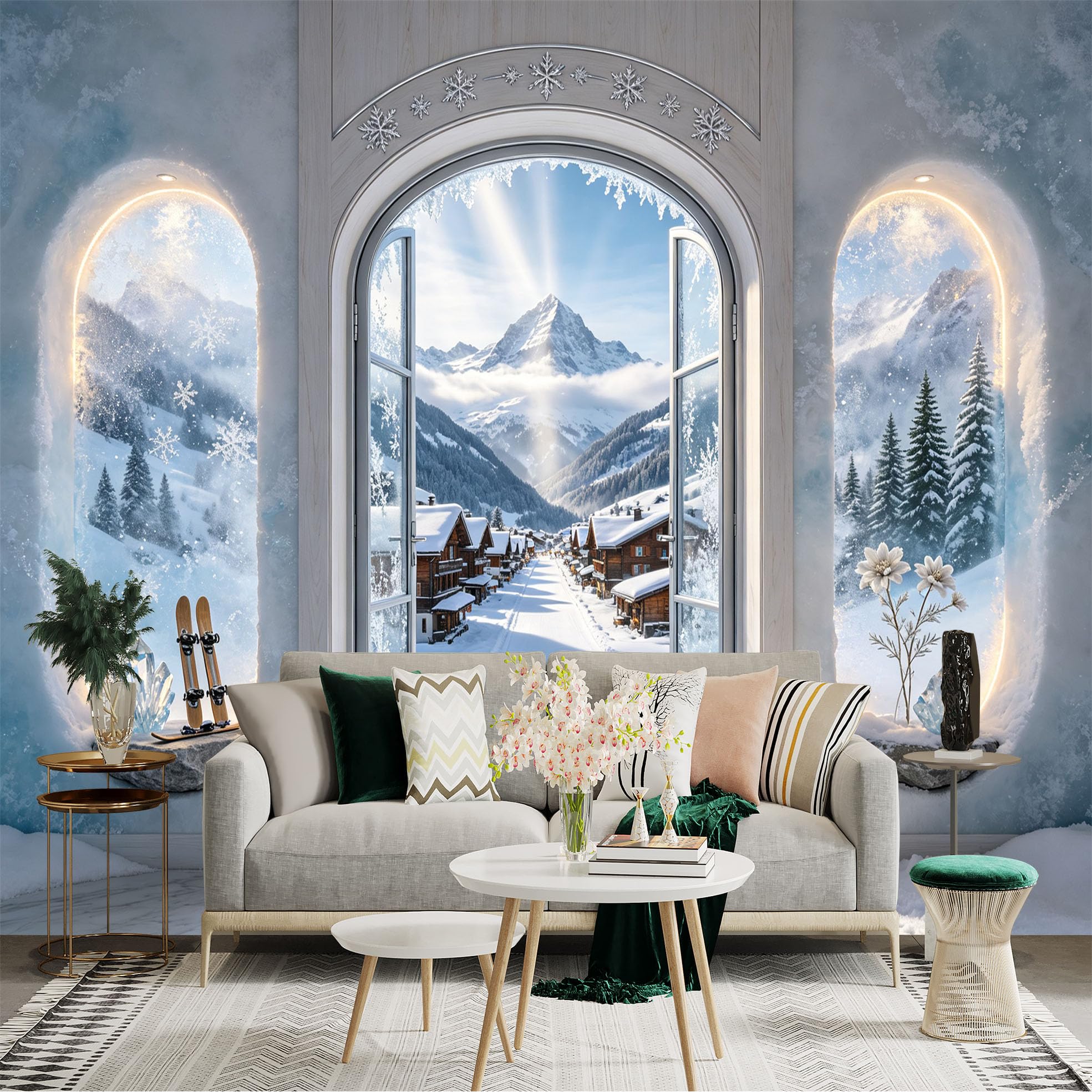 Custom Size Wall Sticker Mural， Snowy Mountain Village Winter Landscape Frosted Window View， for wall Decoration， peelandstick wall Decals.