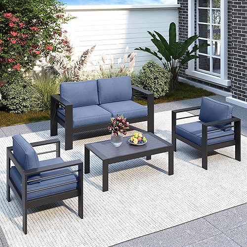 Solaste Juego de muebles de patio de aluminio para todo tipo de clima, juego de muebles de exterior de metal de gran tamaño con asientos profundos