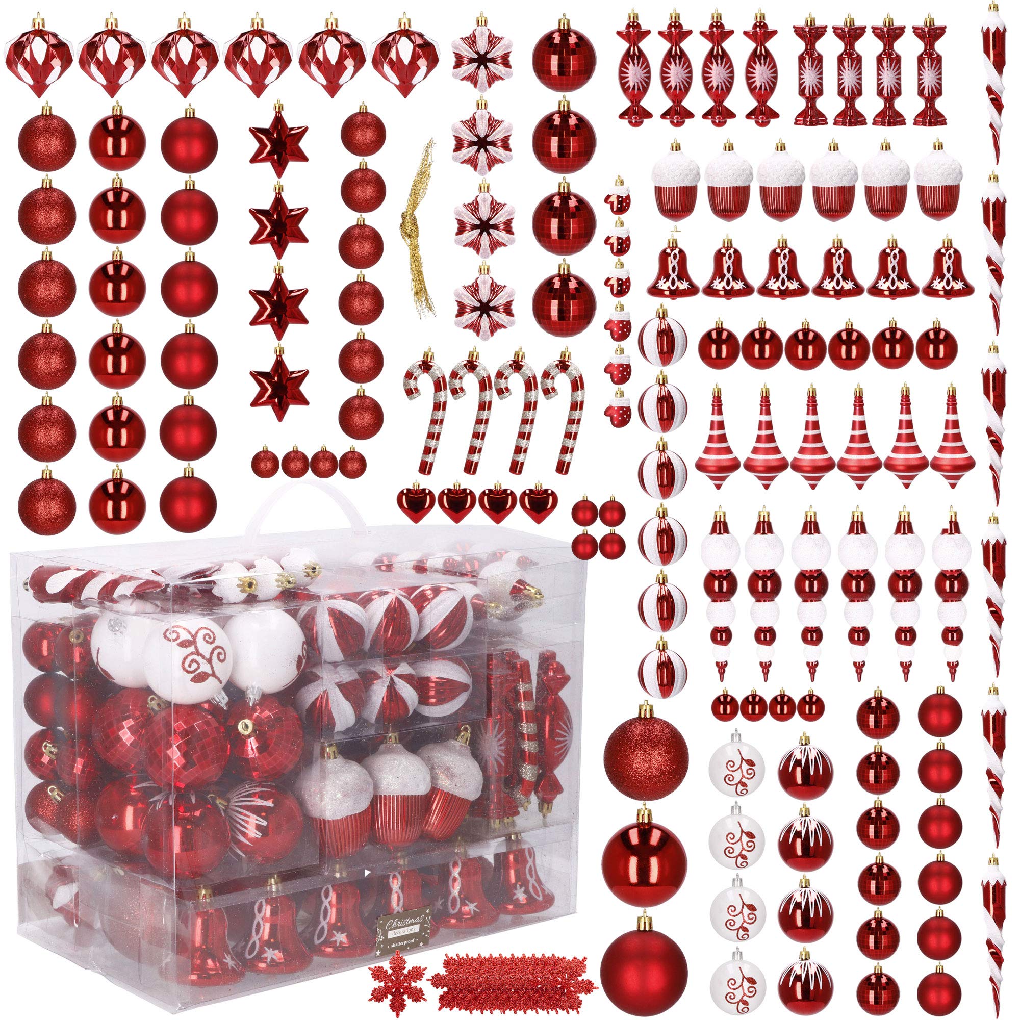 SPRINGOS Palline per albero di Natale 153 pezzi, rosse, infrangibili, forme diverse, un set, Natale, ornamenti per albero, decorazione.