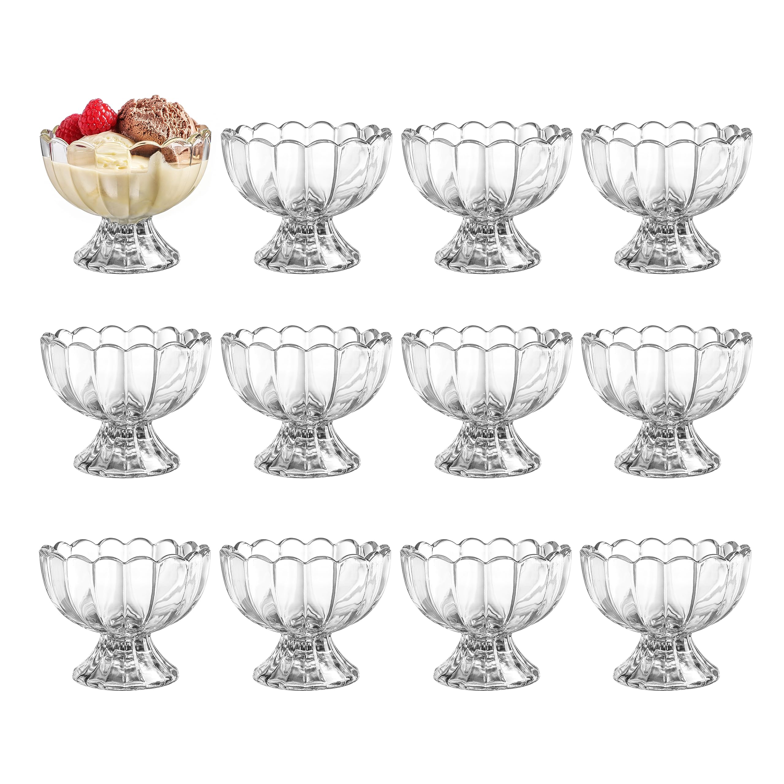 12PCs Set 5oz Small Cute Footed Tulip Glass Dessert Bowls/Cups - Perfect for Dessert, Sundae, Ice Cream, Fruit, Salad, Snack, Cocktail, Condiment, Trifle and Christmas Holiday Party (Clear-12)