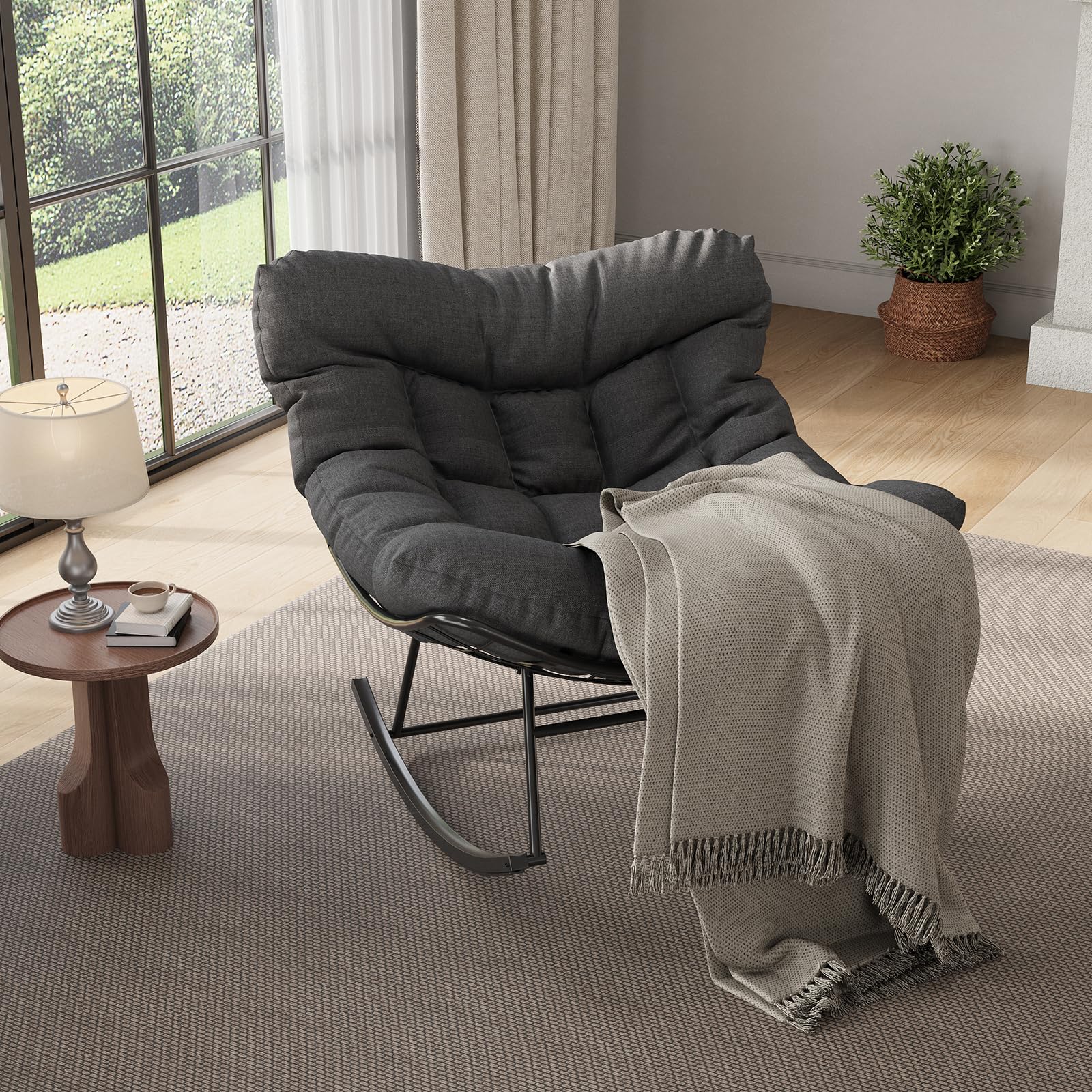 GarveeHome Schaukelstuhl Oversized, Schaukelsessel mit dickem Kissen & Metallrahmen, Relaxsessel für Poolside, Garten und Hinterhof, Tragfähigkeit