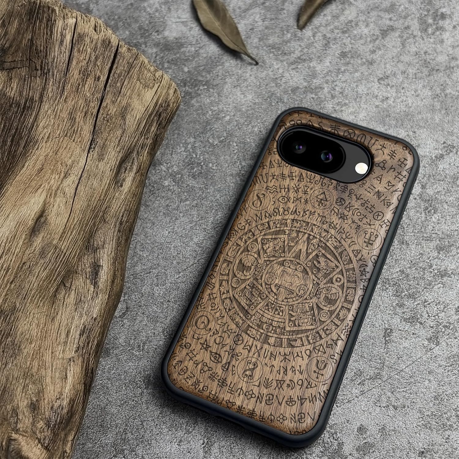 Carveit Magnetic Wooden Case for Google Pixel 10a Case, Wood Artisan Engraved & Soft TPU Shockproof Cover, Compatible with MagSafe Wireless Chargers (Mysterious Maya Totem) Walnut