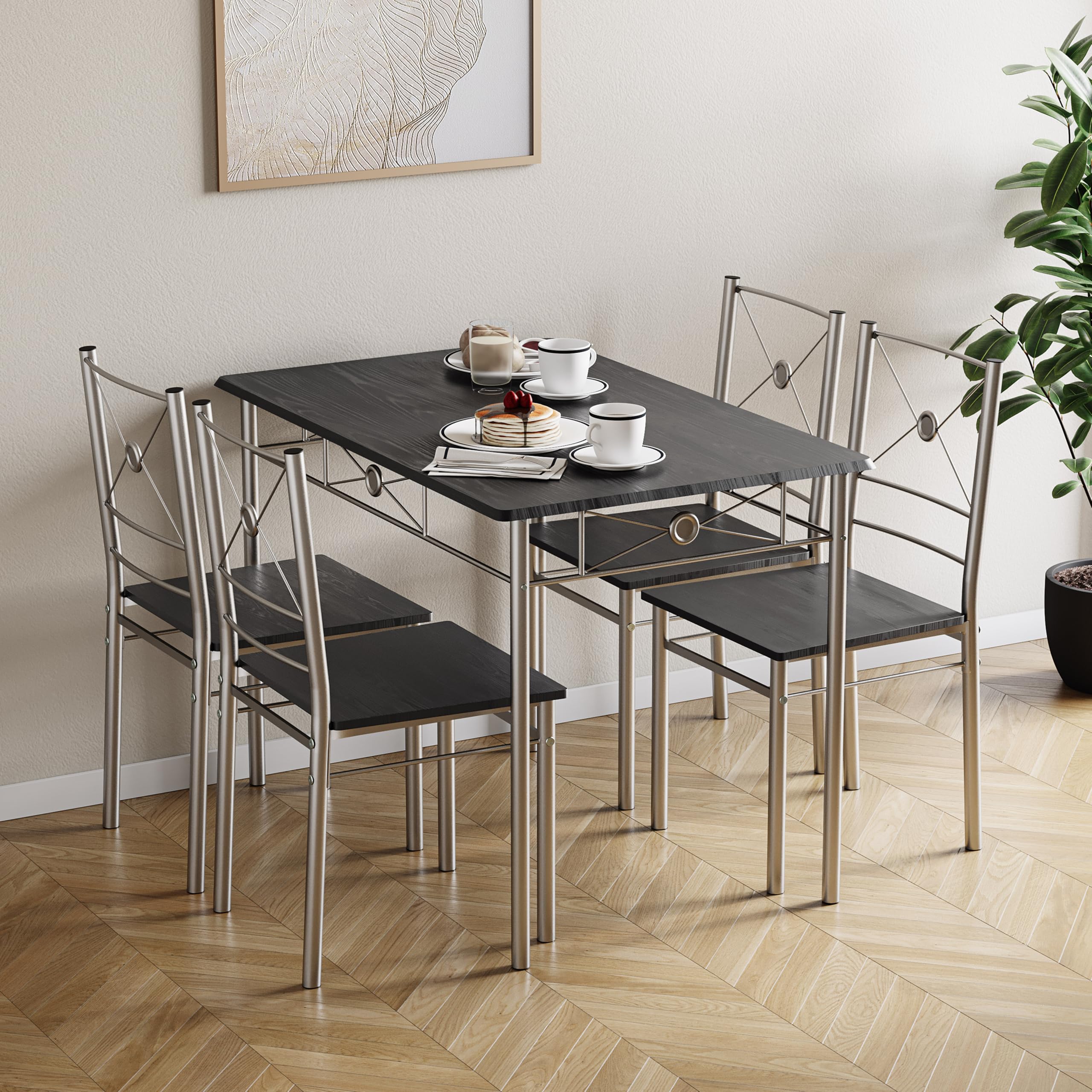 Vida Designs Roslyn Dining Table and Chair Set, Kitchen Breakfast Modern Contemporary Furniture Set (Black, 4 Seater)
