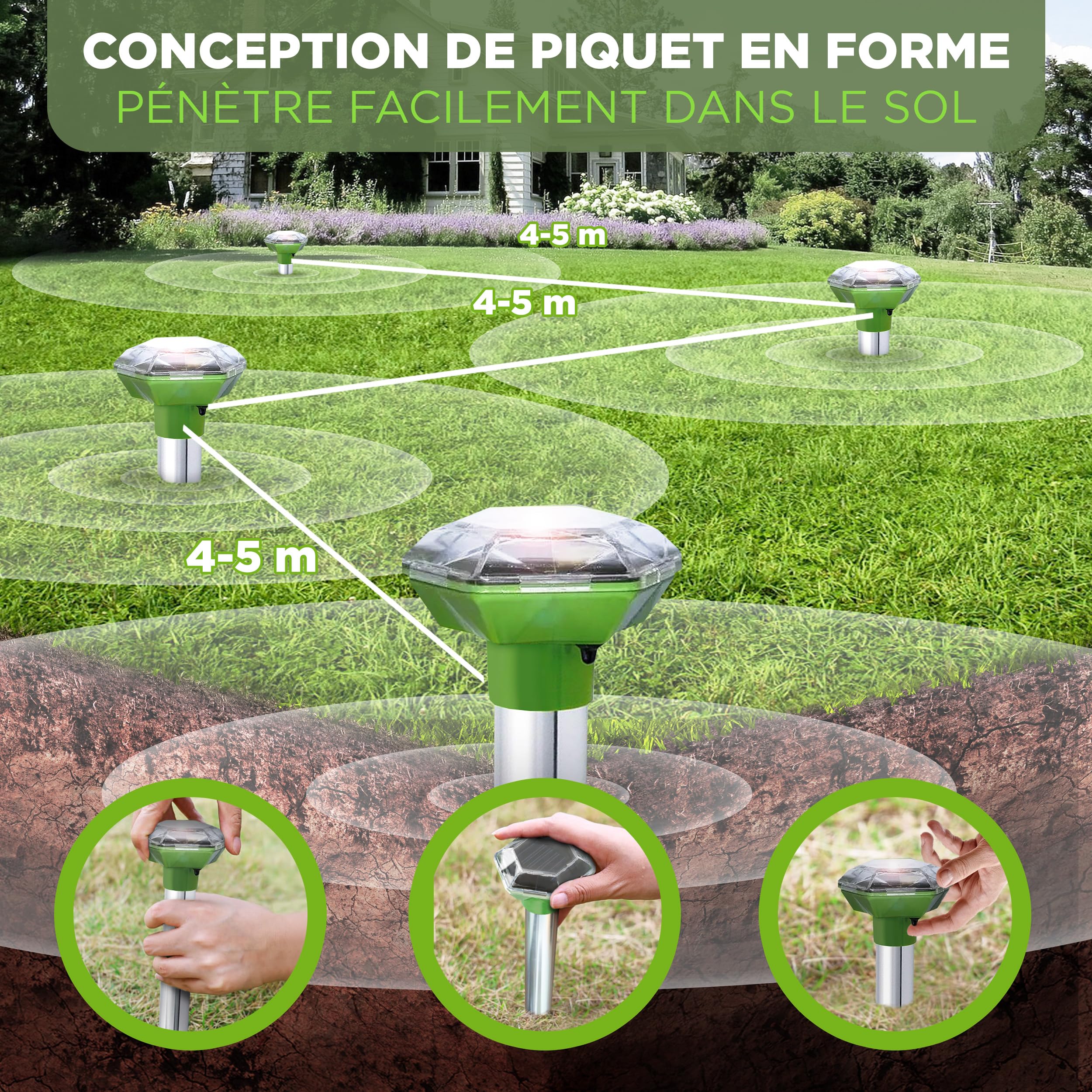 ISOTRONIC Répulsif Solaire Taupes, campagnols et Serpents – avec Piquet de Sol pour Le Jardin – Protection Efficace sans Poison – Portée 1 250 m² – Lot de 2 unités pour Grands terrains et Jardins