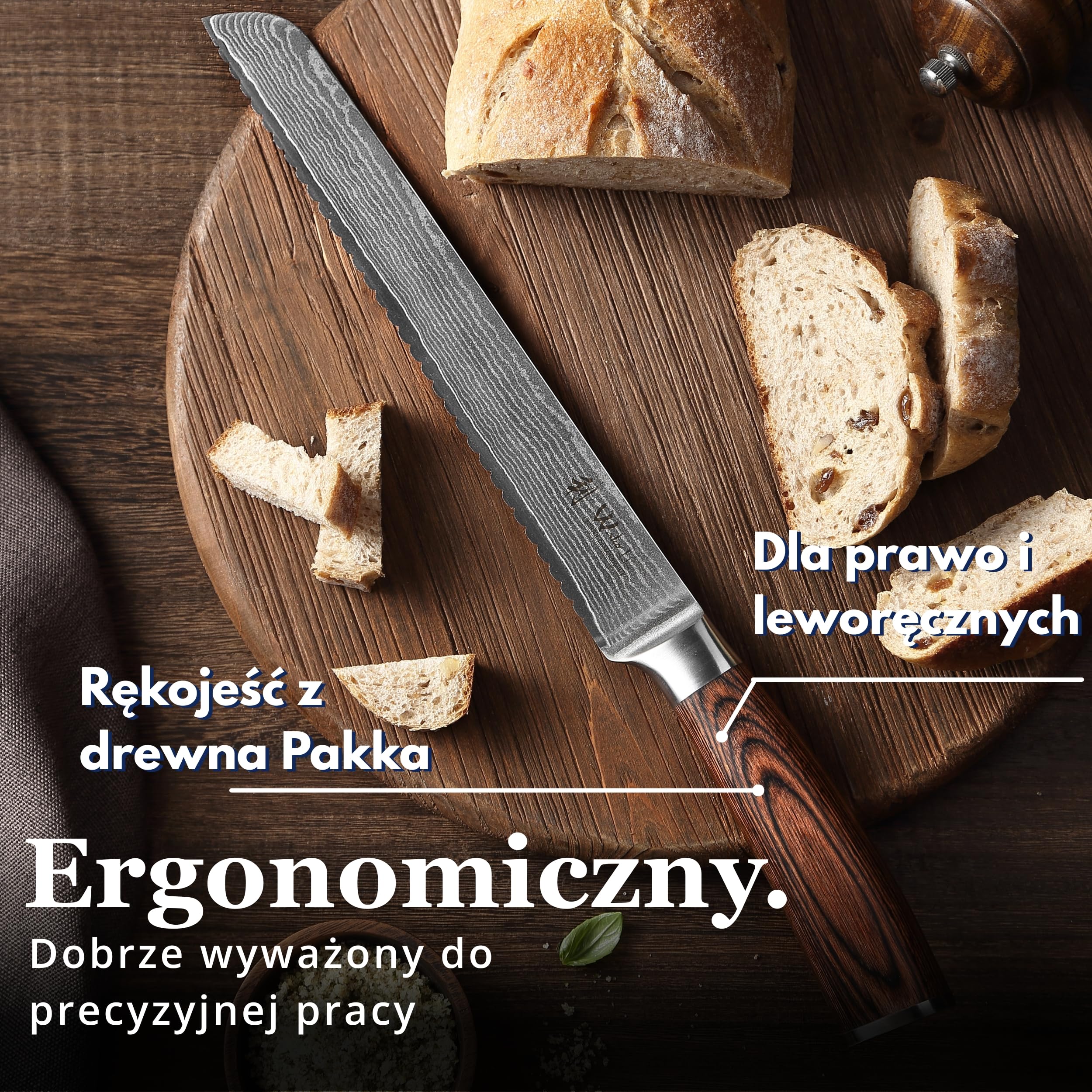 Wakoli EDIB nóż do chleba z ząbkowanym ostrzem ze stali damasceńskiej z rdzeniem VG10, ostrze 23 cm, ergonomiczna rękojeść z drewna Pakka, pudełko prezentowe, do dużych bochenków chleba