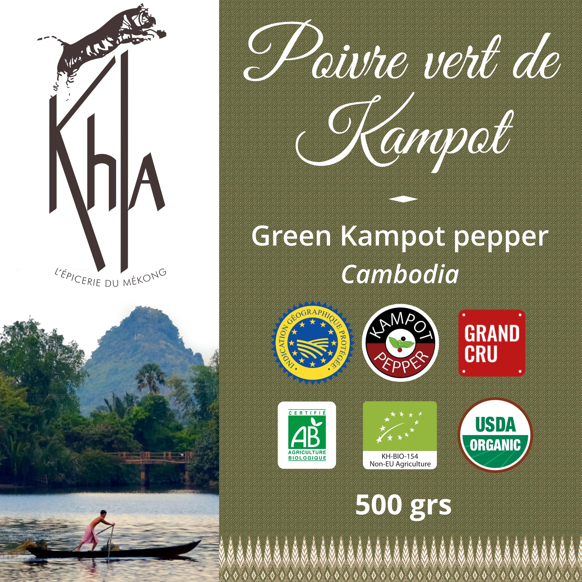 Khla - Poivre Vert Frais de Kampot Certifié Bio 500 g - Sachet Poivre en Grains Biologique - Grand Cru, Aromatique & Végétal - Direct Producteur - Apéritif, Sauces - Origine Cambodge