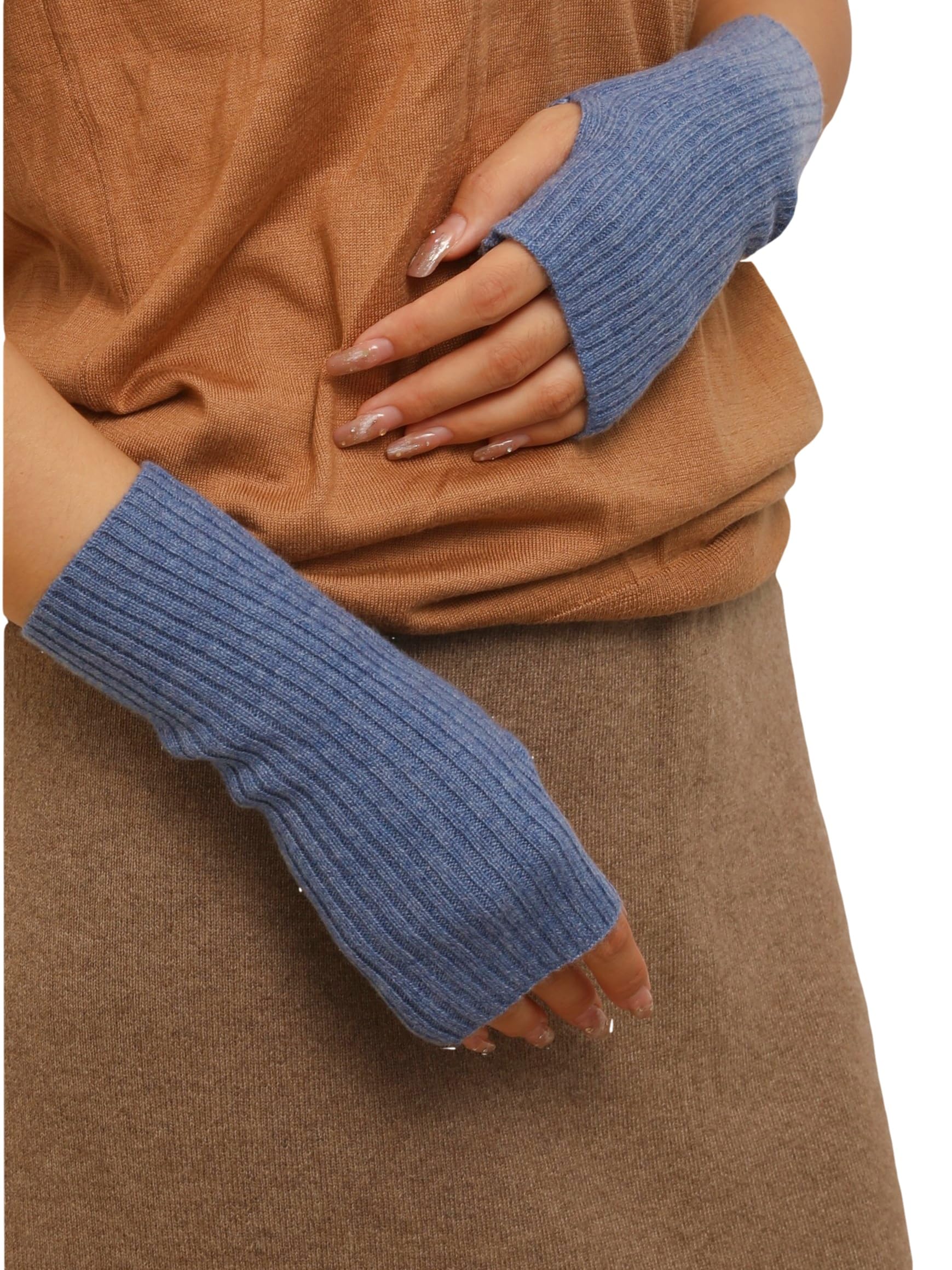 Prettystern Women's Cashmere Wool Ribbed Fingerless Gloves Hand Warmers Wrist Warmer Pulse Warmer, N-Blue, Länge 21 cm, Gewicht 20g