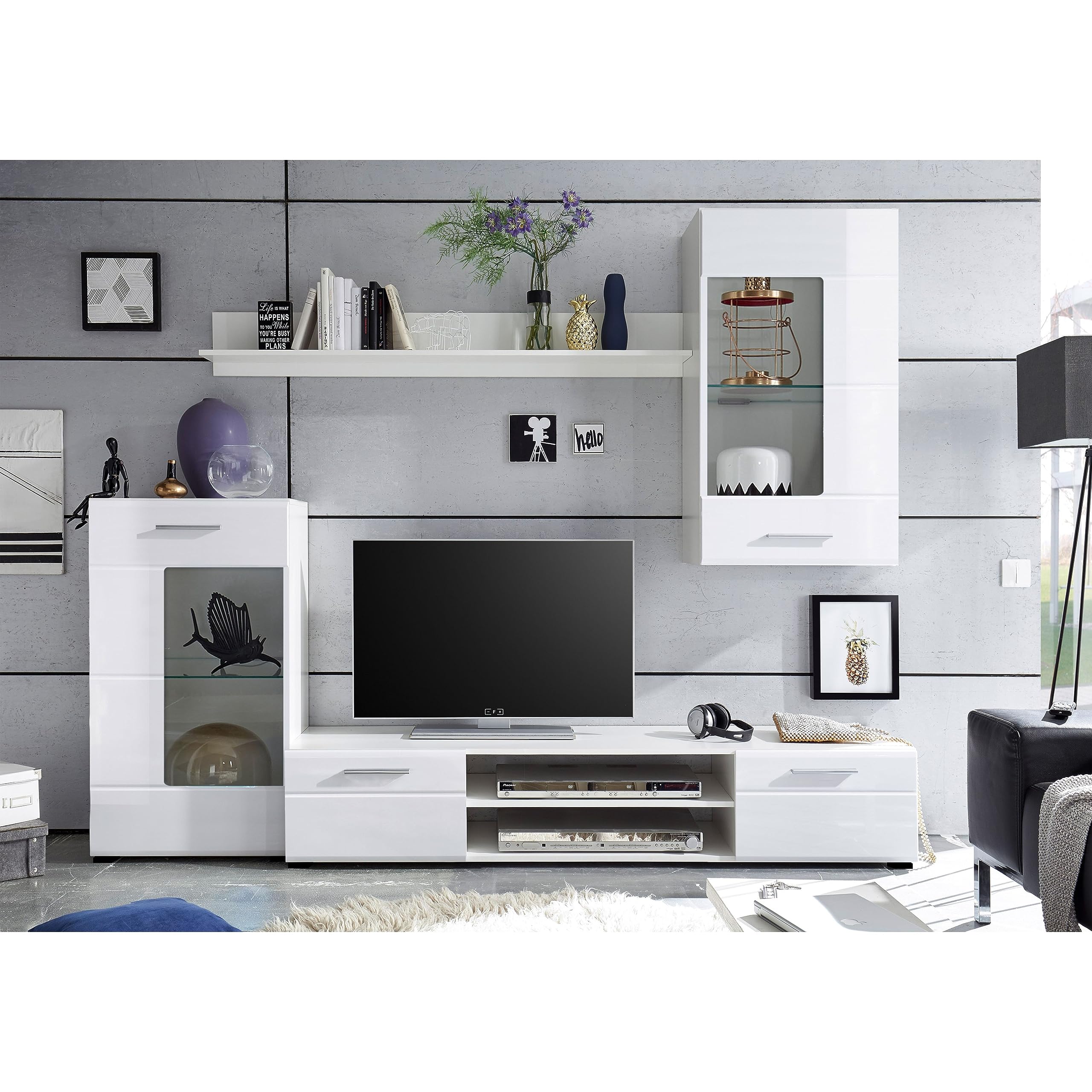 SHOT Wohnwand Komplett-Set in Weiß Hochglanz - Moderne Schrankwand mit viel Stauraum für Ihr Wohnzimmer - 230 x 190 x 40 cm (B/H/T)