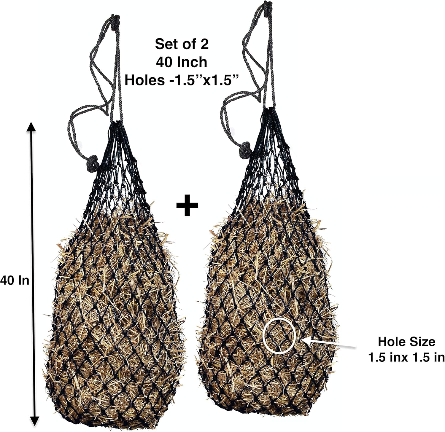Majestic Ally 2 pcs Ultra Slow Feed 1.5"x1.5" Holes 40” Hay Net for Horses and livestocks (Black)