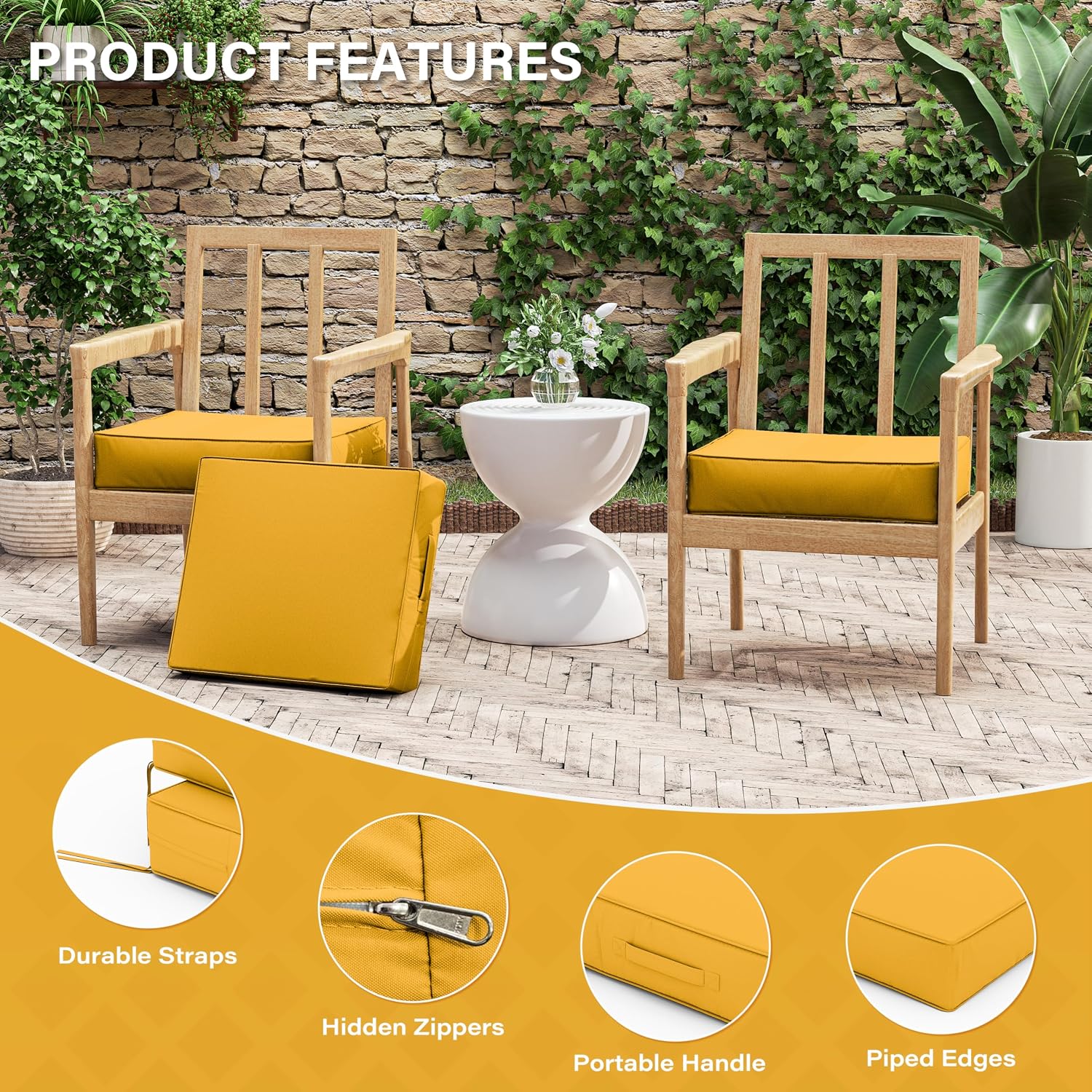 Patio Chair Cushions 18.5 X 16 X 4 Inch Waterproof Outdoor Seat Cushions for Patio Furniture, Outdoor Sofa Couch Pads with Ties & Handle, Set of 2, Yellow