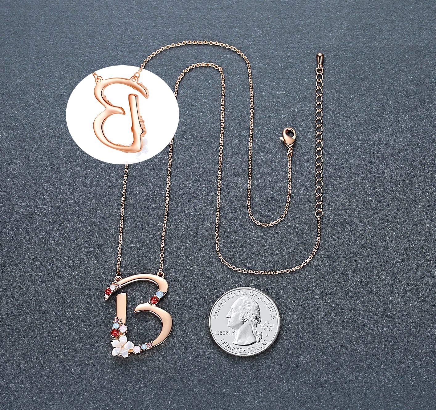 Flower Initial Letter Necklace Pink Red Blue Simulated Pearl Pendant Name Jewelry Made with Austrian Crystals Rose Gold Plated Anniversary Birthday Gifts for Women,18"+2"