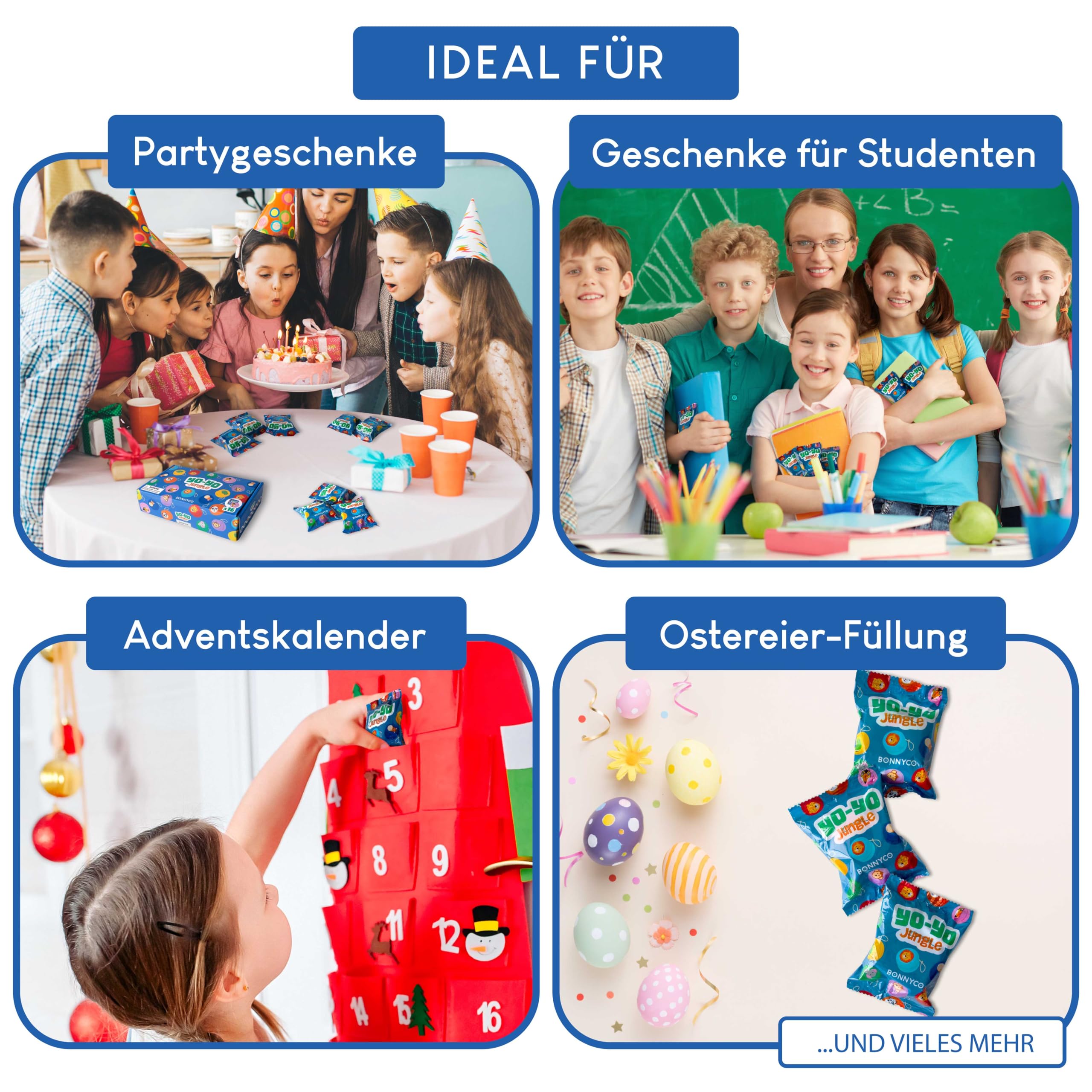 BONNYCO JoJo Kinder Mitgebsel Kindergeburtstag Gastgeschenke Tiere 16 Stück. JoJo Holz, Kleine Geschenke für Kinder. Give Aways Kindergeburtstag, Mitgebsel Set. Pinata Füllung, Yoyo Mitbringsel