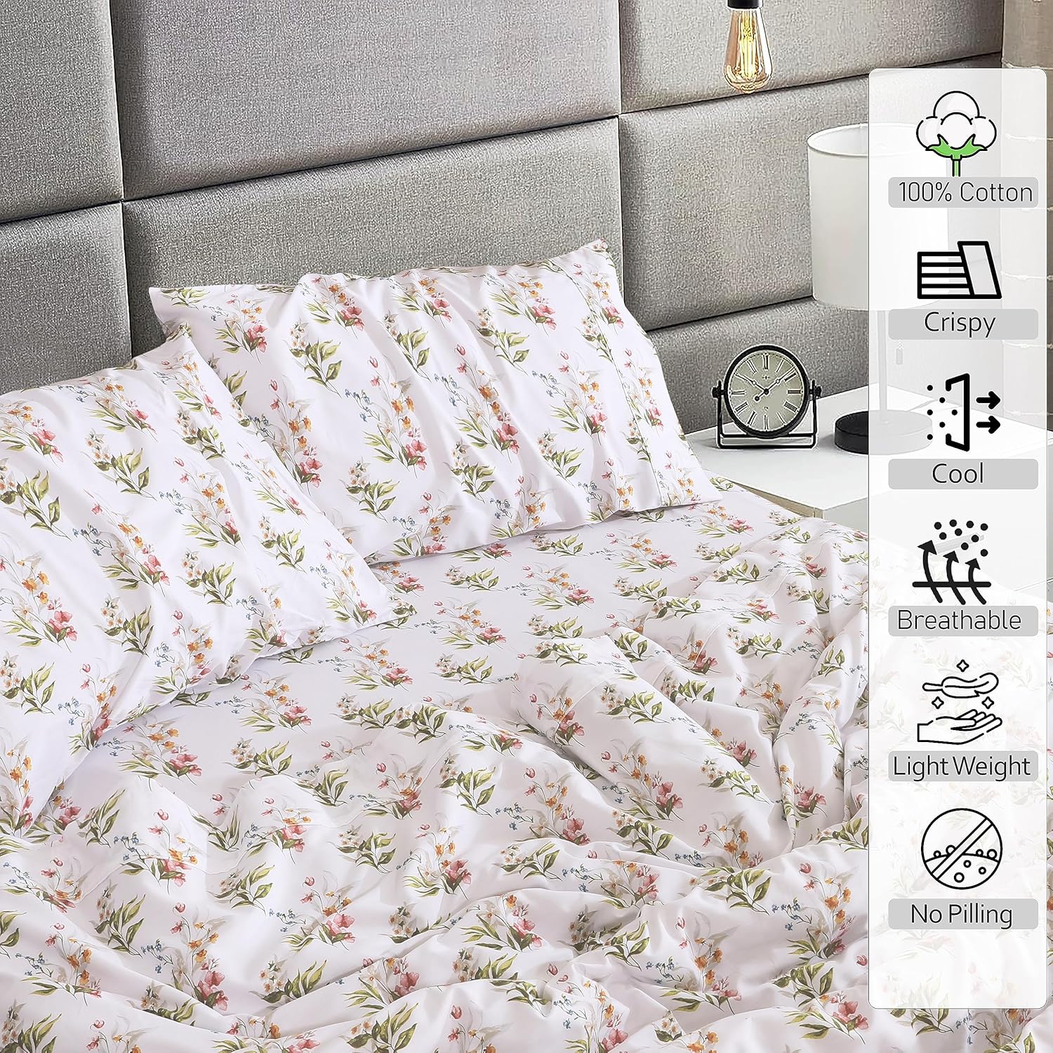 RUVANTI 100% Cotton Sheets – Twin XL Size Percale Bedding, Cooling & Breathable Floral Design, Durable with a Crisp, Soft & Comfortable Feel, 16" Deep Pocket, 3-Piece Set, Floral Bliss - Image 3