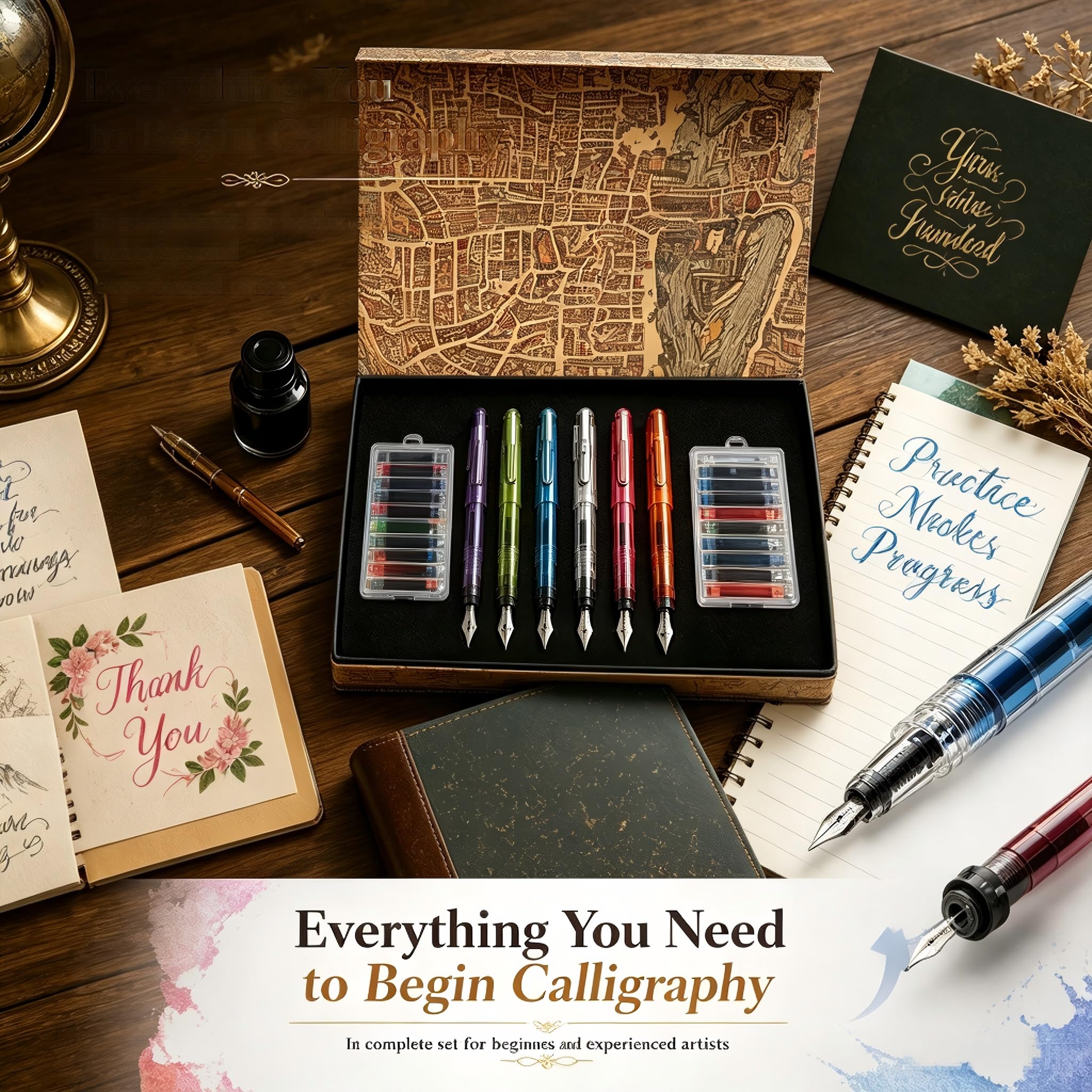Set de Caligrafía 26 Piezas – 6 Plumas Estilográficas con Puntas de 0,7–2,9 mm y 20 Cartuchos de Tinta de Colores – Kit Hand Lettering y Escritura Creativa para Adultos GC-F620