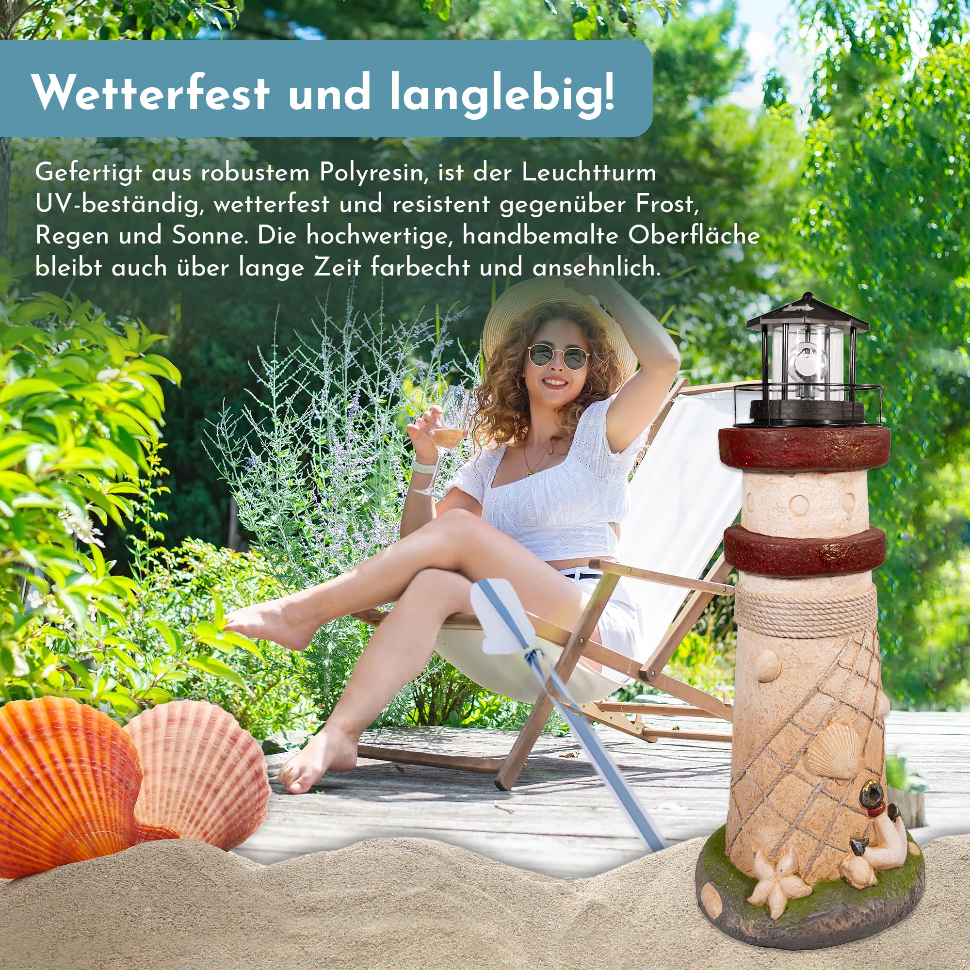 NATIV LEMODO Gartendeko Leuchtturm 81 cm hoch | Handbemalte Gartenfigur mit solarbetriebenem, rotierendem Leuchtfeuer | Maritime Außendeko mit LED Beleuchtung