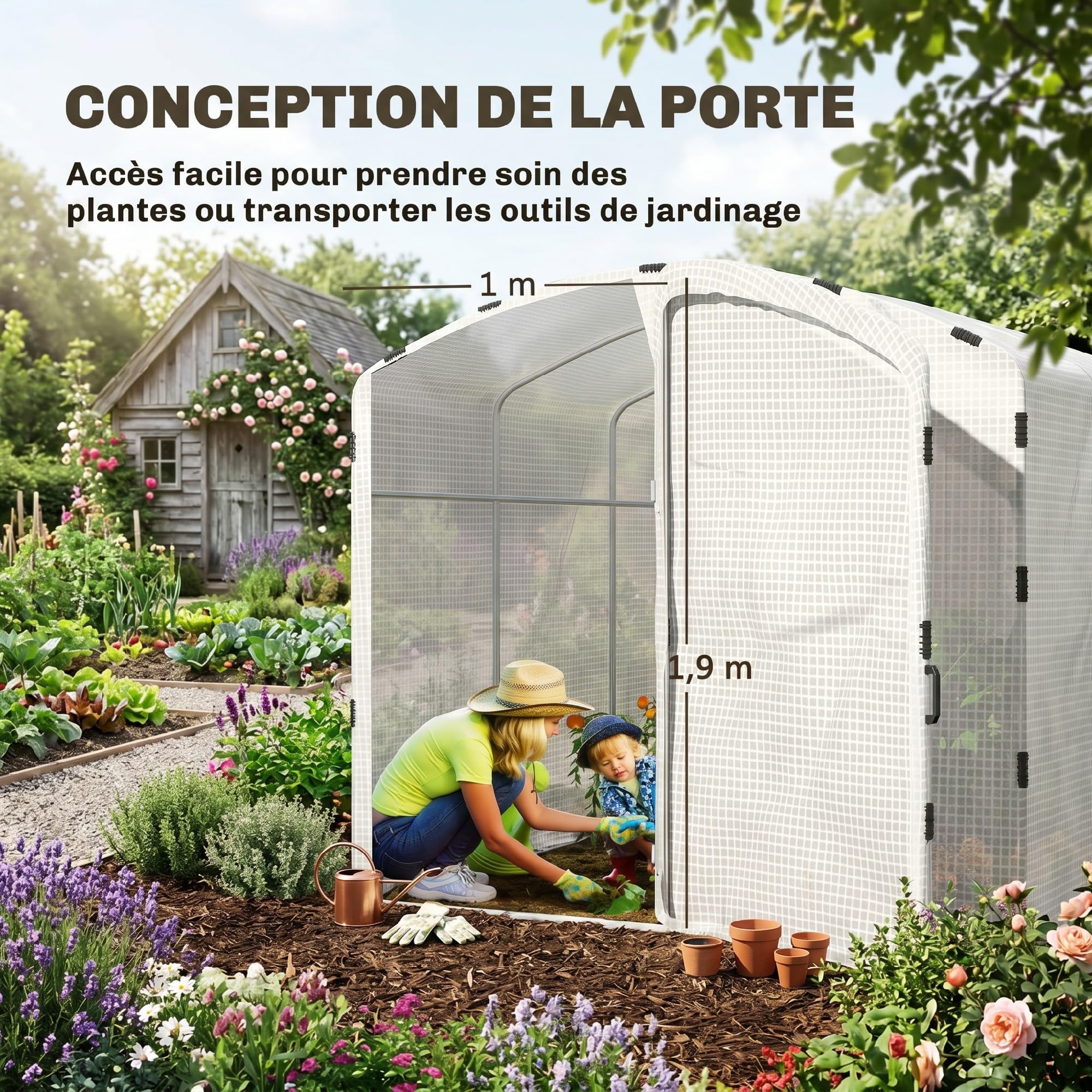 Outsunny Serre Tunnel de Jardin 6m² Serre de Jardin Tunnel bâche PE 220g/m² avec Porte Bords prolongés de 50 cm pour extérieur Toutes Saisons légumes Fruits Fleurs 300x200x195cm Blanc