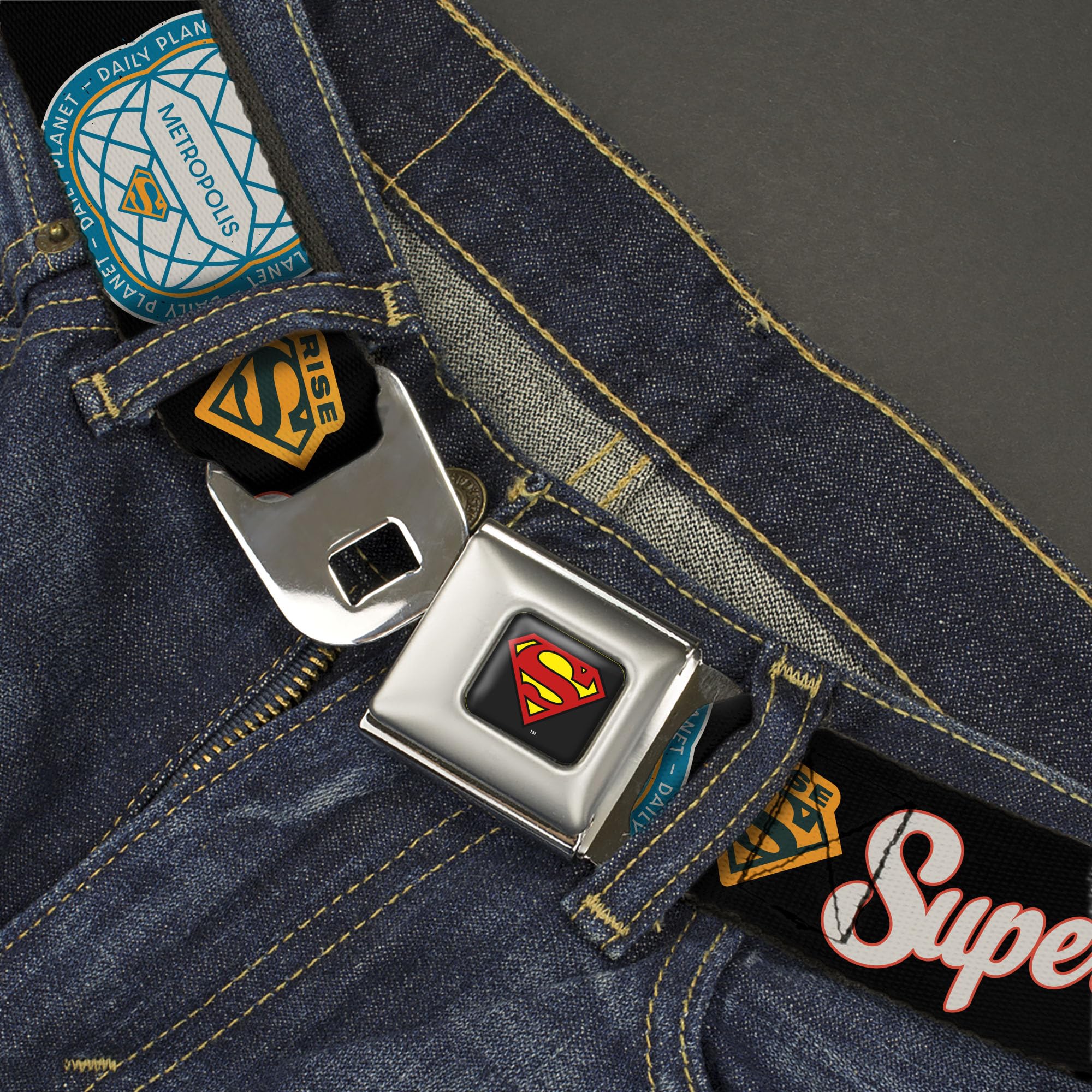 DC Comics Belt, Seatbelt Buckle, Superman Icons and Text Collage