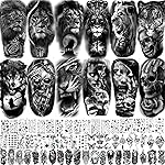 70 Sheets 3D Forearm Black Realistic Wolf Tiger Lion Temporary Tattoos For Men Women Thigh Arm, Scary Skull Gothic Gangster Fake Tattoo Sticker Adults, Large Tribal Half Sleeve Tatoos Halloween