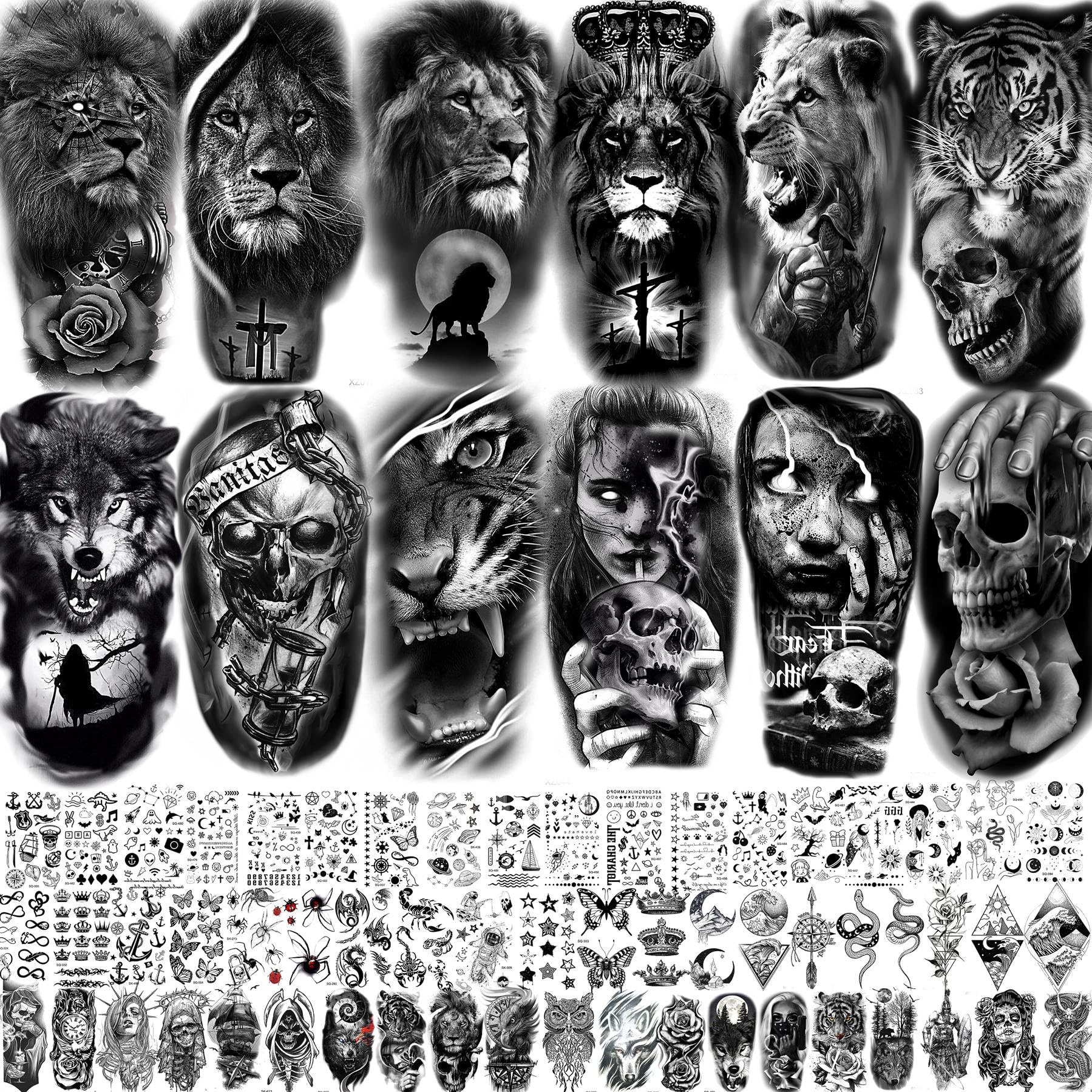 70 Sheets 3D Forearm Black Realistic Wolf Tiger Lion Temporary Tattoos For Men Women Thigh Arm, Scary Skull Gothic Gangster Fake Tattoo Sticker Adults, Large Tribal Half Sleeve Tatoos Halloween