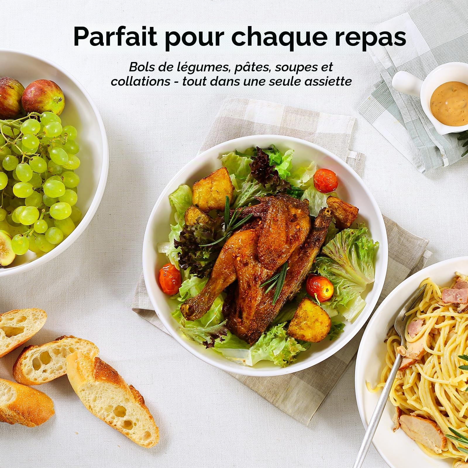 Y YHY Lot de 4 grands bols à pâtes de 24,8 cm, grands bols à salade de 1,4 l, bols de service en céramique, larges et peu profonds, passent au micro-ondes et au lave-vaisselle, blanc
