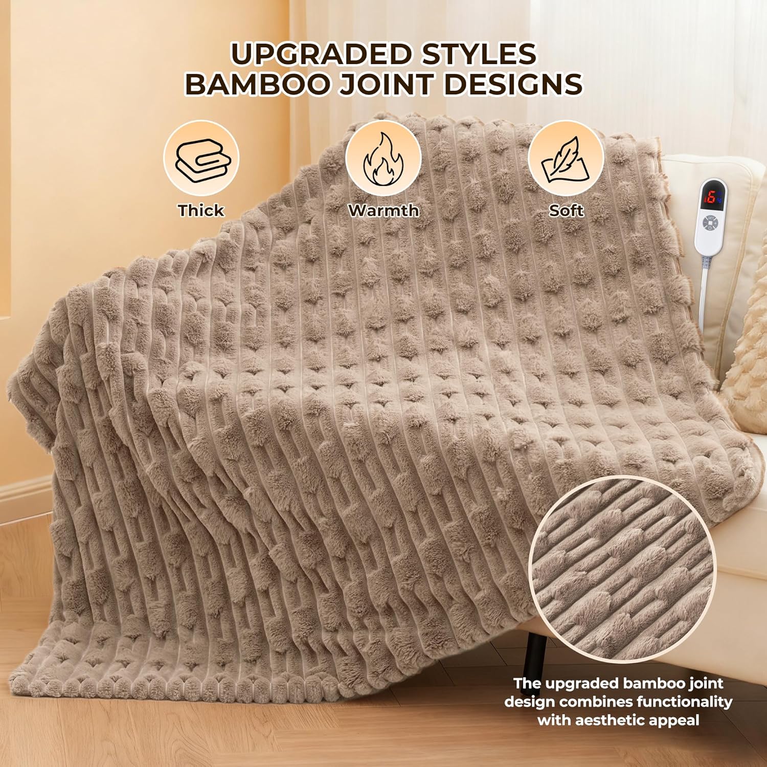 Heated Throw Blanket 50"x60", Electric Blanket with Bamboo Pattern, Luxury Faux Rabbit Fur & Soft Flannel, 6 Heat Settings, 1-4 Hour Auto Shut-Off, Throw Blanket for Couch, Machine Washable, Linen - Image 2