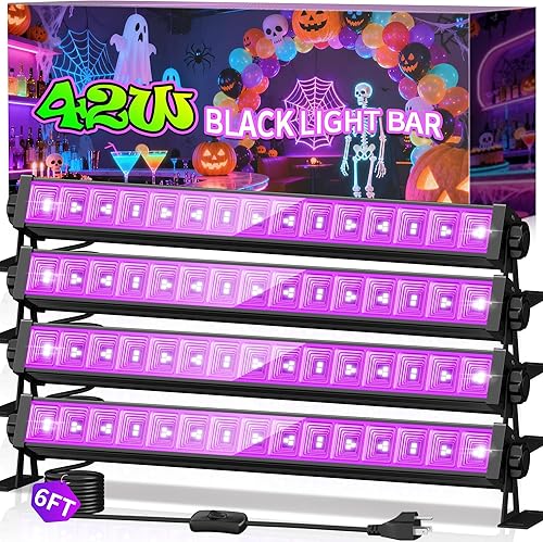 Paquete de 4 barras de luz LED negra de 42 W, luz negra con cable de 6 pies+enchufe+interruptor, luz de área de 24 x 24 pies x 4, para Halloween,