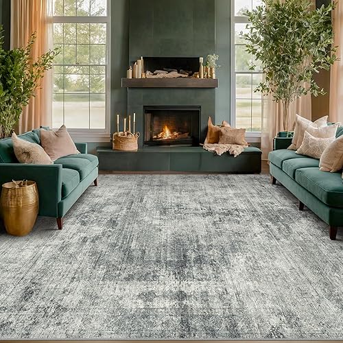 Large Slate Blue Rug for Dining Room Table - Neatral Farmhouse 9x12 Area Rug for Living Room, Bedroom Under Bed, Non Slip with Rubber Backing & Stain Resistant Dark Gray Décor