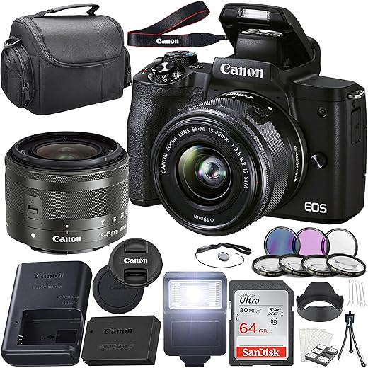 Canon EOS M50 Mark II Mirrorless Camera with EF-M 15-45mm f/3.5-6.3 is STM Lens + 64GB Memory Card + Flash + Filters + Cleaning Kit & More (Renewed)