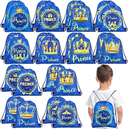 Sweetude 24 bolsas de regalo para fiesta de príncipe, corona de príncipe, bolsas con cordón azul, decoración de almacenamiento para niños,