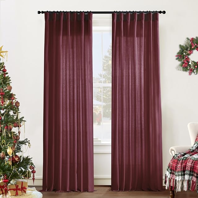 XTMYI Burgundy Curtains 84 Inches Long 2 Panels,Vintage Elegant Maroon Linen Back Tab Hook Pleated Sheer Christmas Curtains for Living Room Bedroom,Dark Red