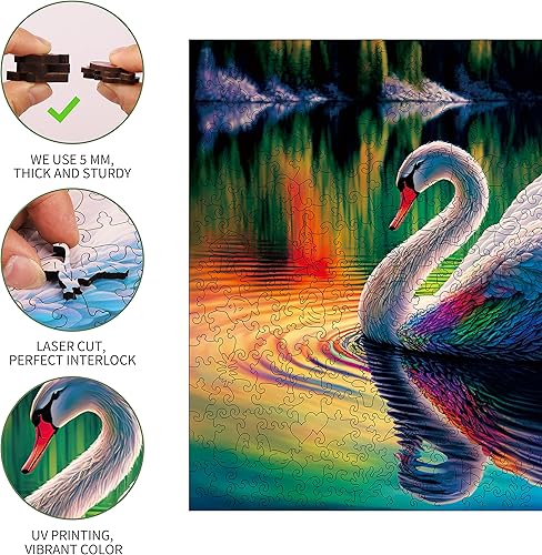 Miniatura 6 de Rompecabezas de madera únicos, diseño de cisne de lago, 200 piezas de tamaño mediano de 8.7 x 12.6 pulgadas, lujoso rompecabezas de madera con forma
