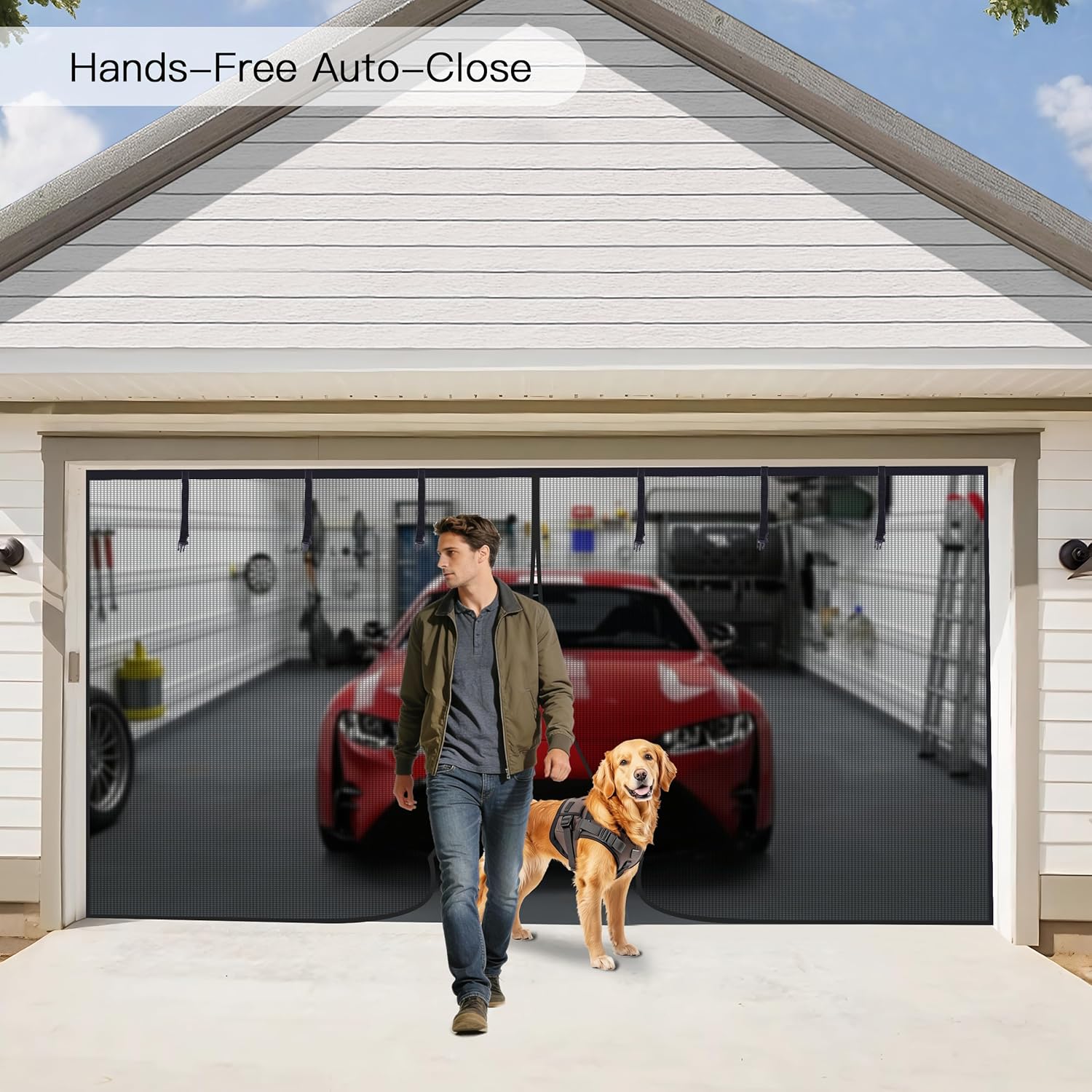 Sunolga Magnetic Garage Door Screen for 1 Car 10x10 FT, Reinforced Polyester Magnetic Screen Door with 26 High Energy Magnets and 6 Strapping Tapes, Hands-Free Screen Door Mesh for Garage Door Black