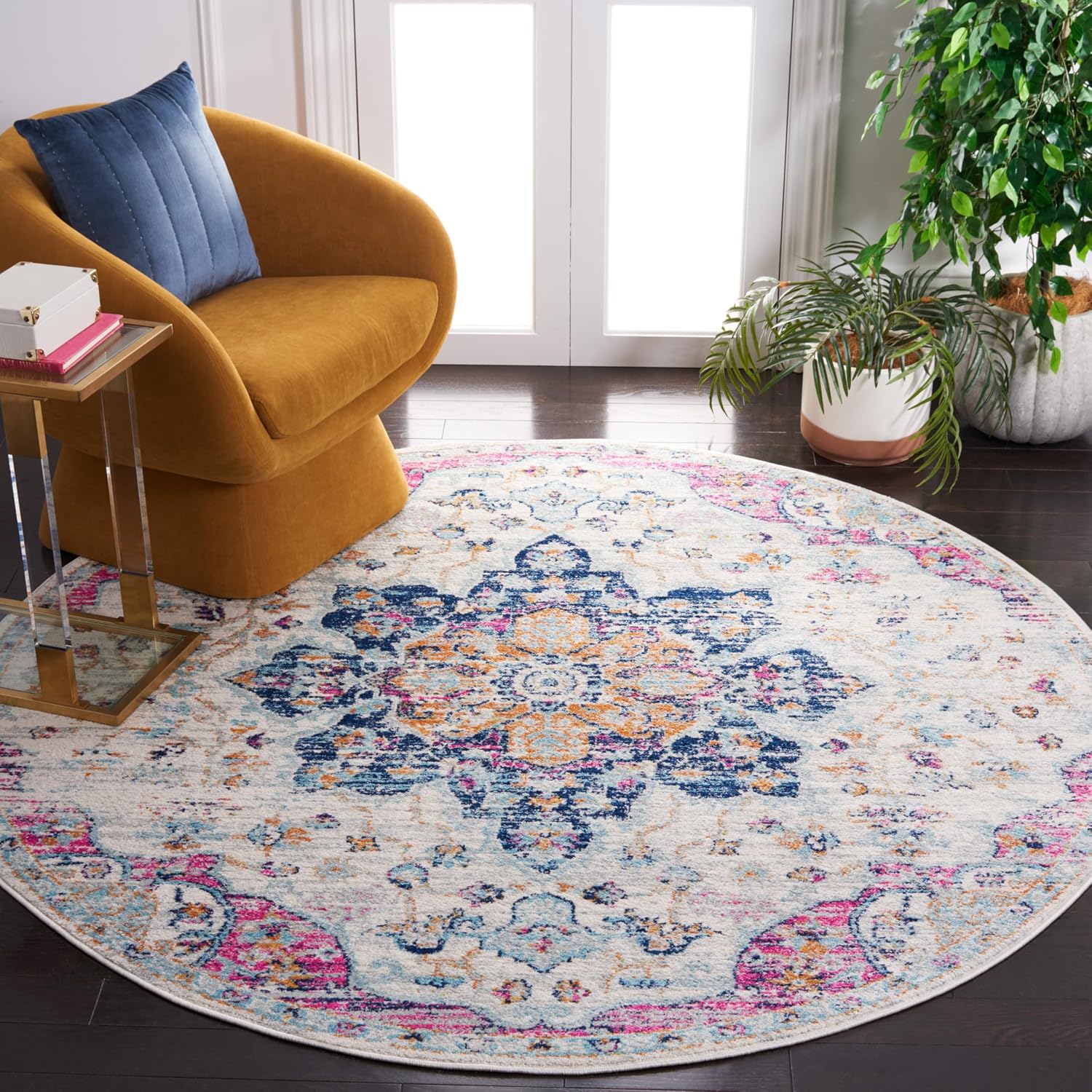 SAFAVIEH Madison Collection Runner Rug - 2' x 8', Ivory & Fuchsia, Oriental Medallion Distressed Design, Non-Shedding & Easy Care, Ideal for High Traffic Areas in Living Room, Bedroom (MAD921R)