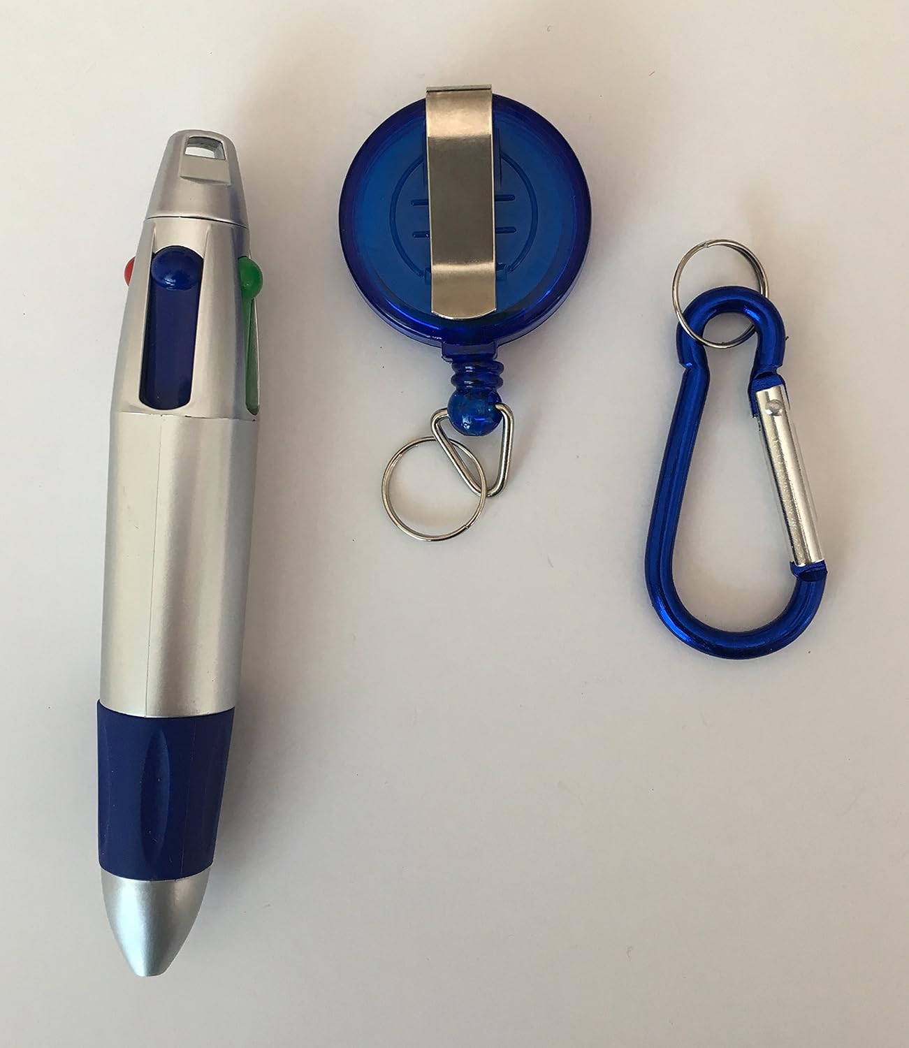 LUCKBOOSTIUM 4 Ink Colors Ballpoint Pen on Keychain with Carabiner, Retractable Reel Holder & Belt Clip – Multi Color Pens – Convenient for Nurses, Teachers, Students & Professionals (12 Pack, Silver)