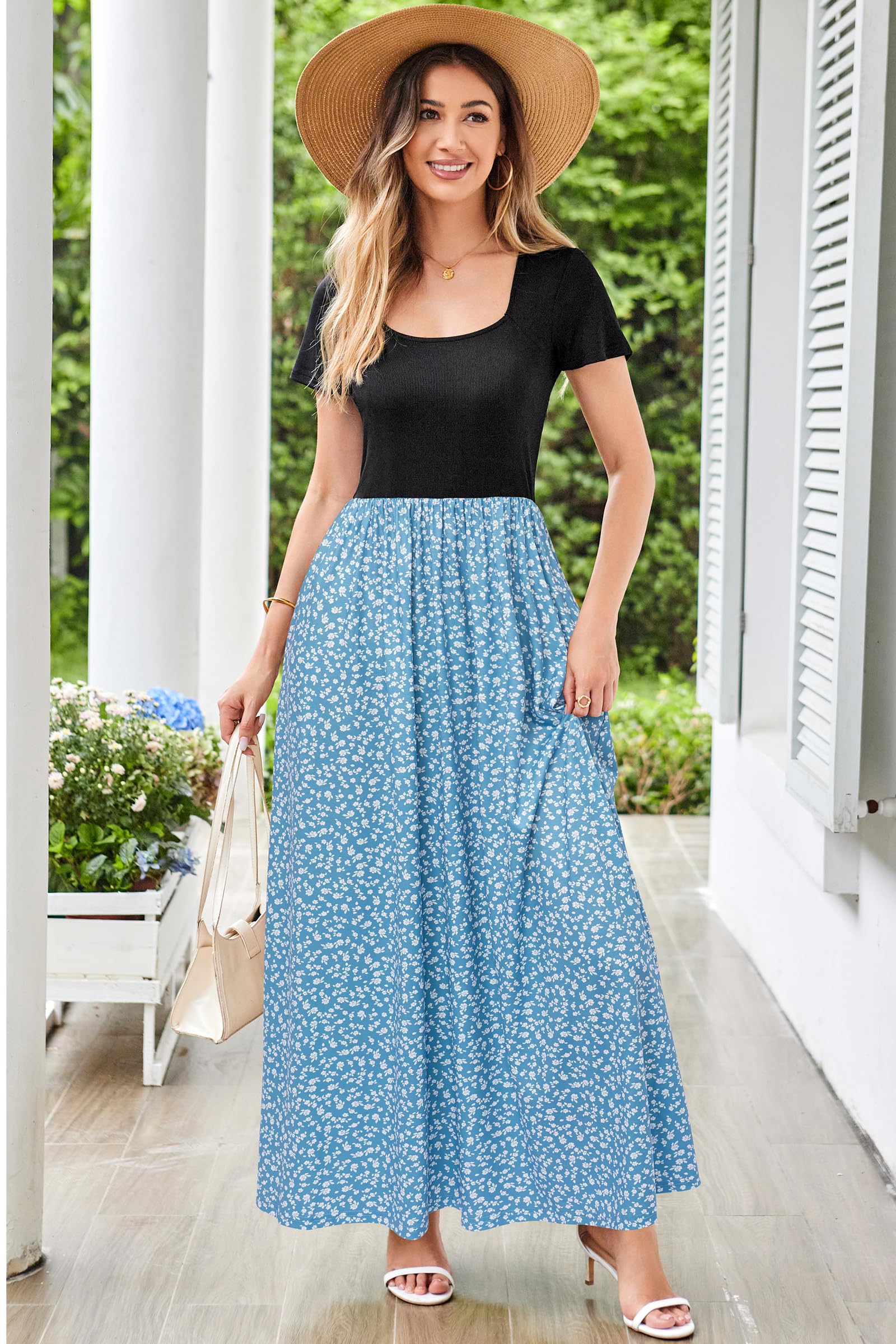 OUGES Donne Estate Maxi Vestito Manica Corta Vestito Lungo Casual maternità con Tasche