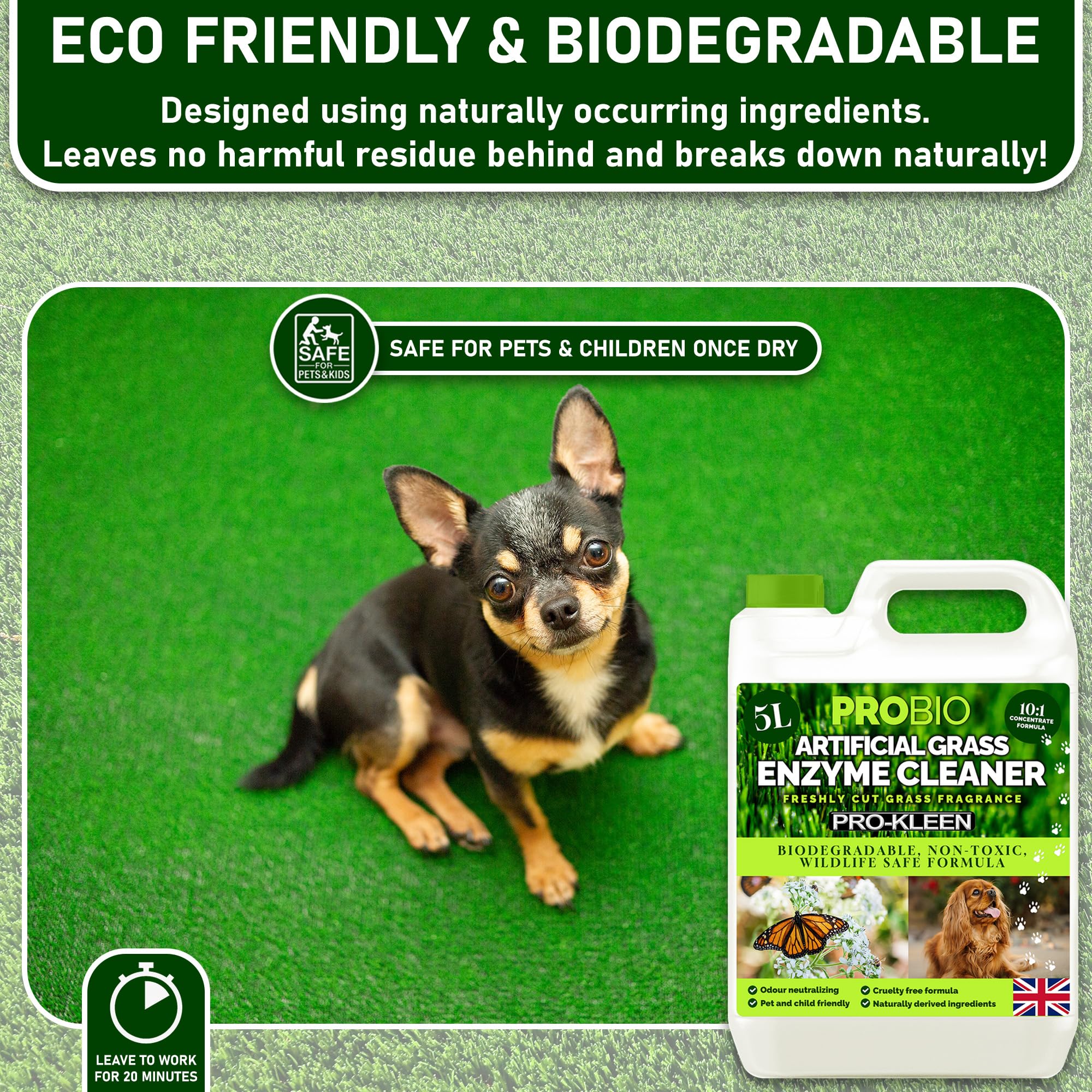 Pro-Kleen ProBio - Limpiador de césped artificial a base de probióticos, eliminador de olores, 5 L, no tóxico, libre de crueldad, apto para mascotas. Fragancia de hierba recién cortada. Limpieza