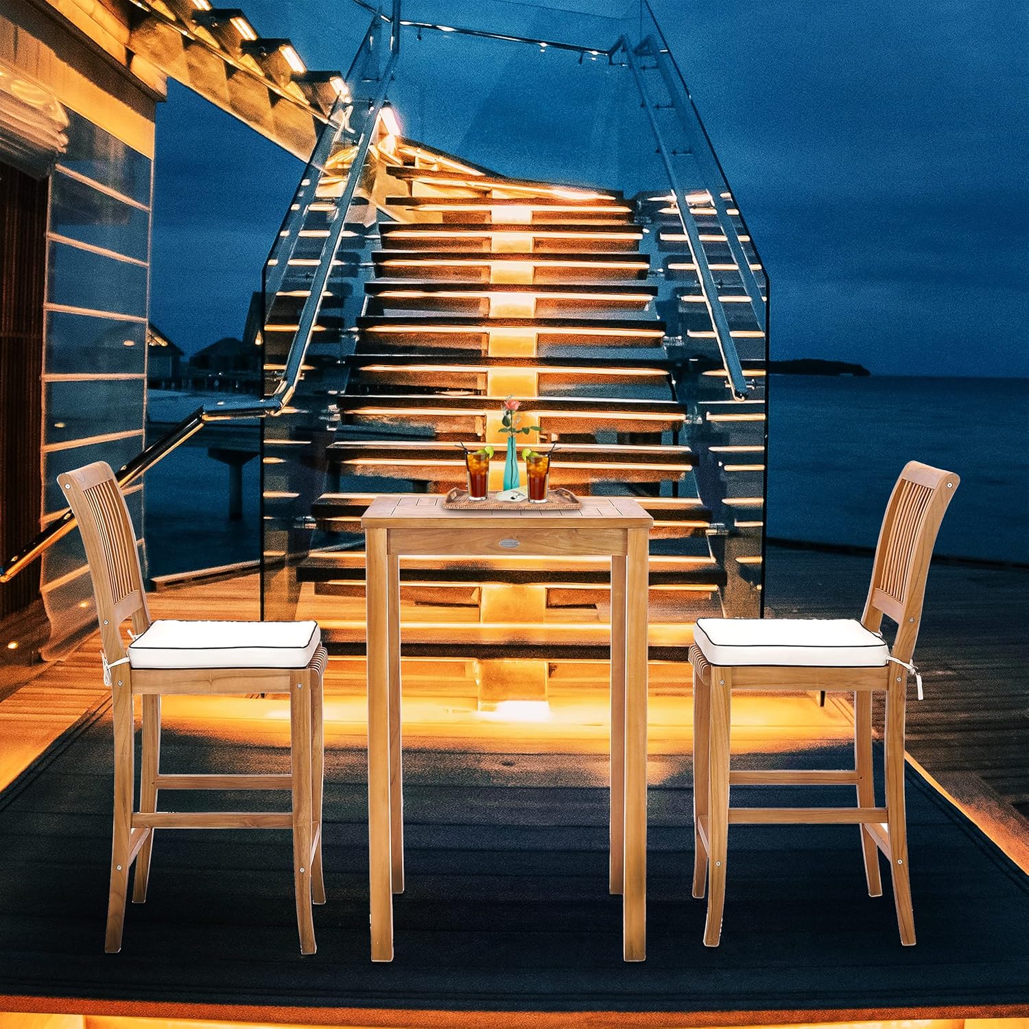 CHIC TEAK 3 Piece Teak Wood Castle Intimate Patio Bistro Bar Set Including 27" Bar Table & 2 Barstools