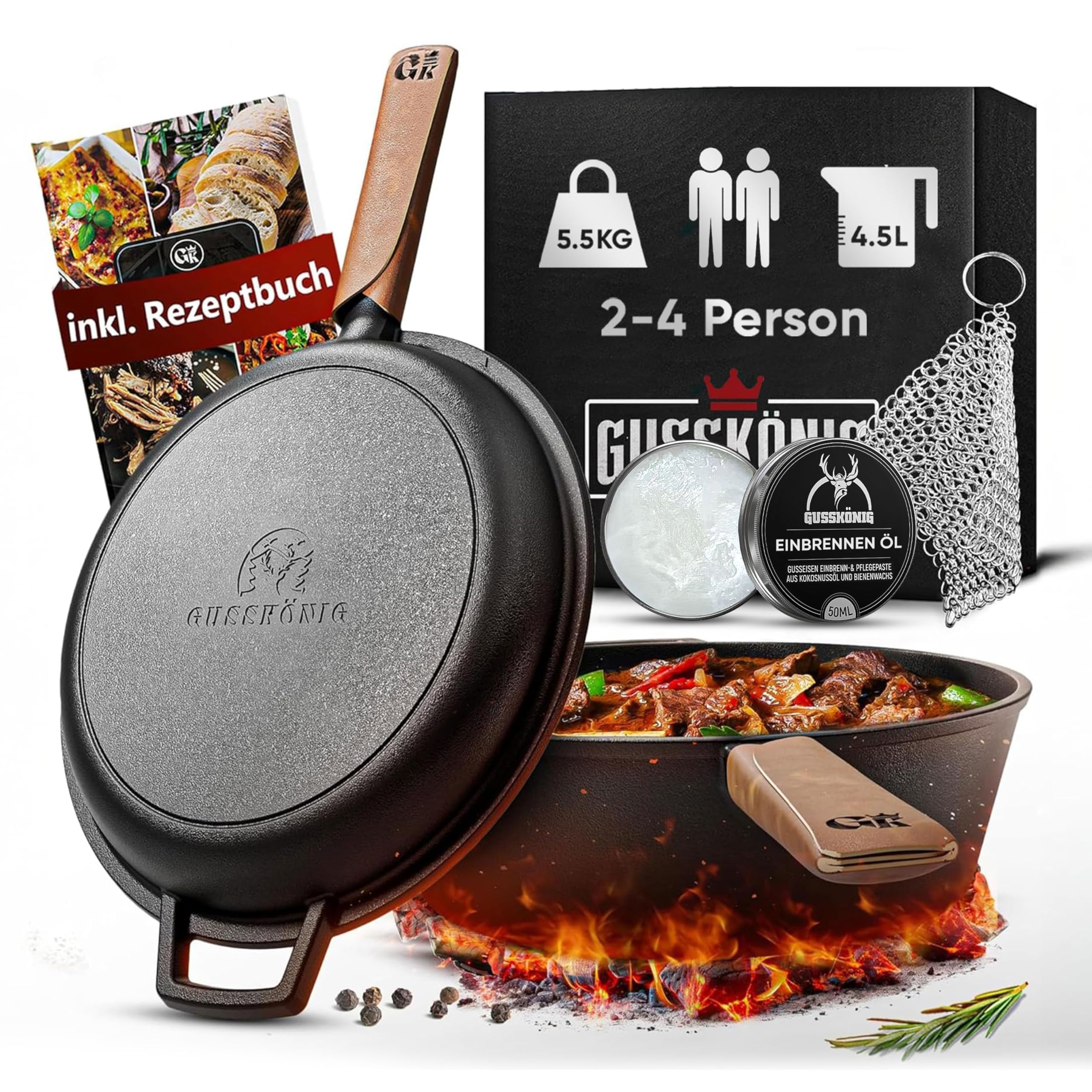 GUSSKÖNIG 2in1 Pfanne Gusseisen Ø26cm, 4,5L (3L Topf + 1,5L Pfanne) mit Doppelfunktions-Deckel – Eingebrannte Grillpfanne inkl. Ringreiniger, Lederhandgriff, Pflegepaste & Rezeptbuch